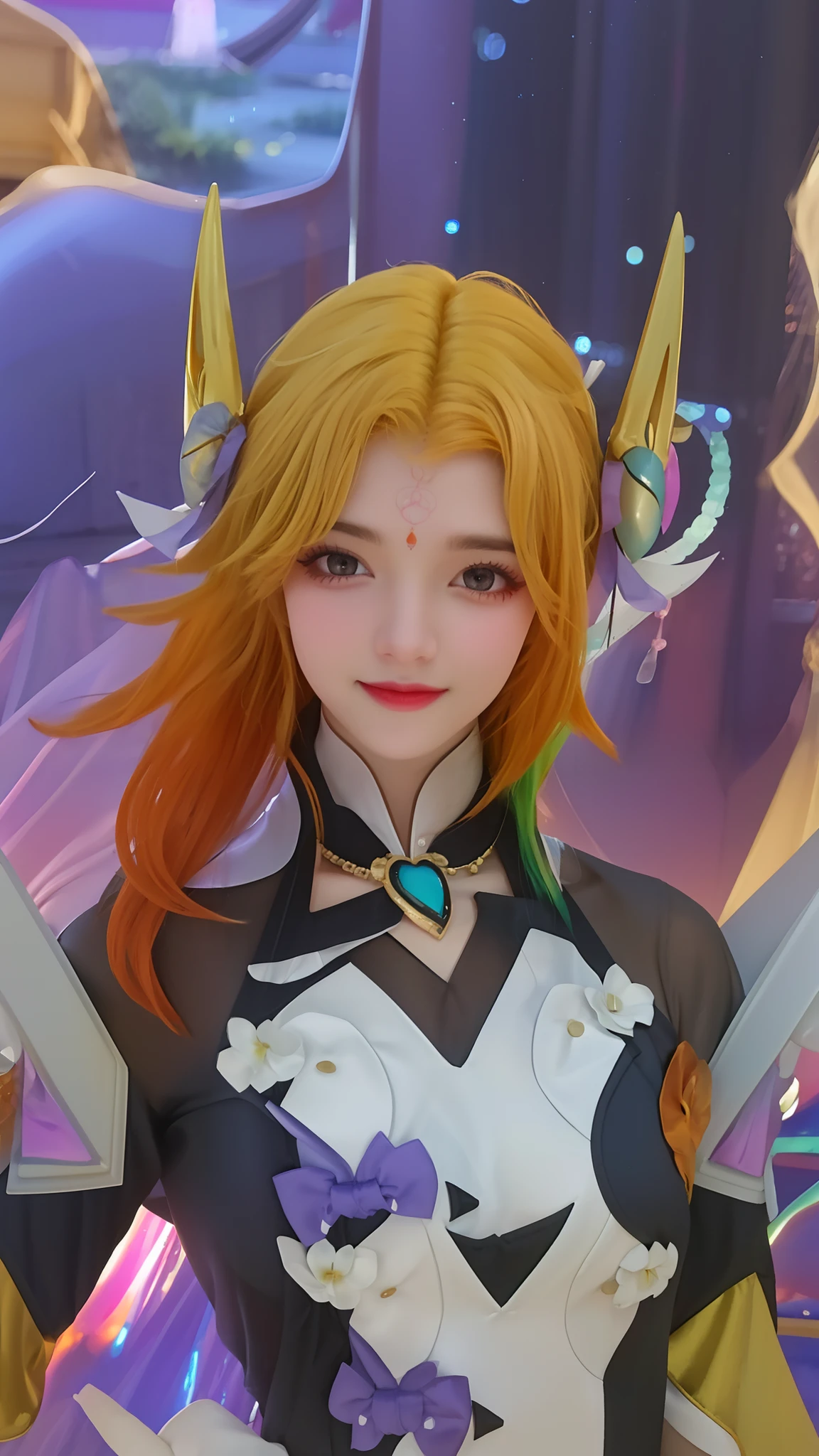 (8k, 4k, best quality, highres:1.2), (maasterpiece, realistic, photo realistic:1.37), 1girl, solo, beautiful face, eyelashes, nose, glossy lips, (detailed eyes, looking at viewer, fair skin, white skin:1.5), fine complexion, upper body, large breasts, busty,, (:1.5), outdoor onsen, two side up, absurdly long hair, blonde hair, pink hair, bangs, hair ornament, bow, younger, aged down