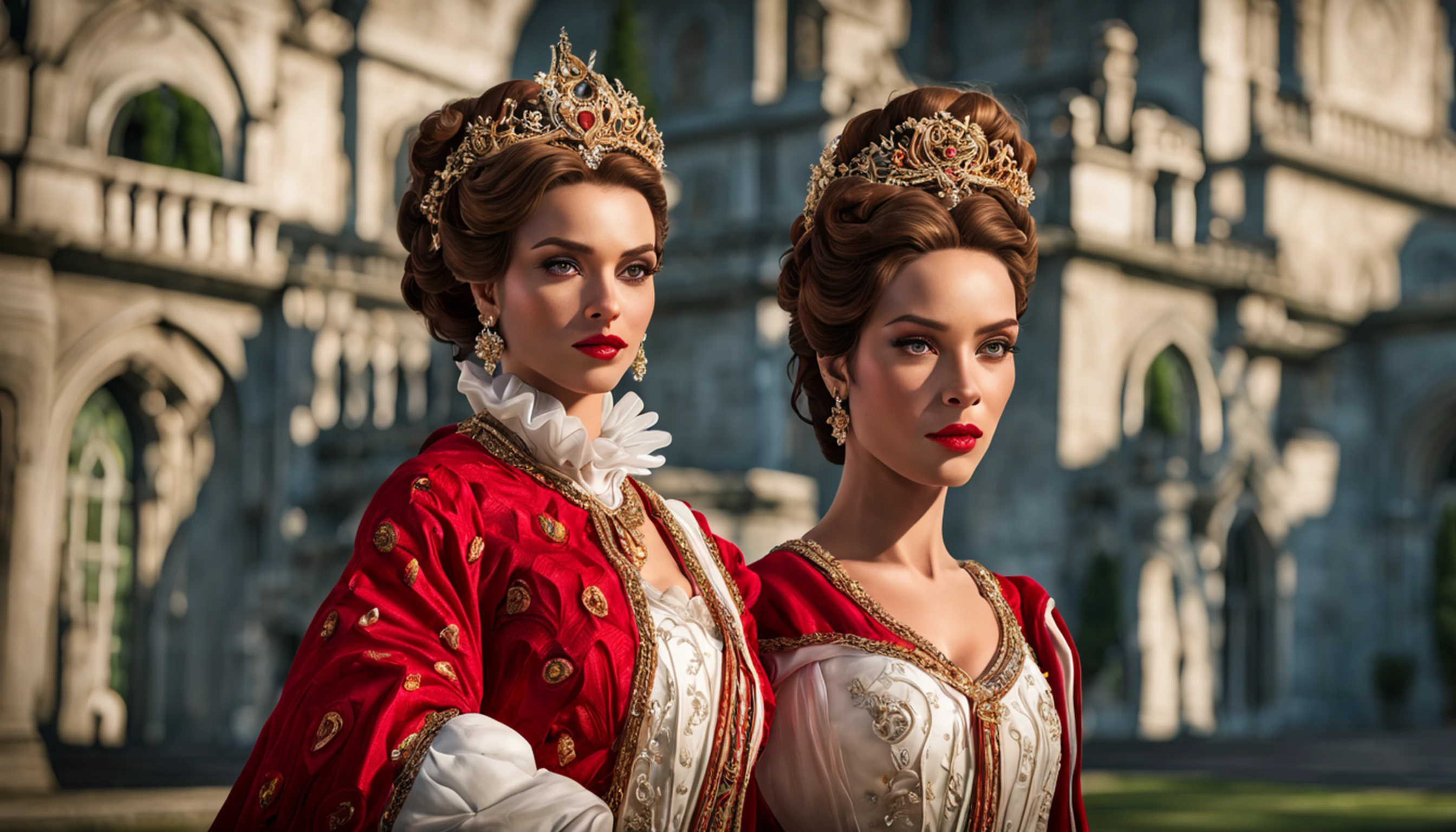 This is a realistic fantasy artwork set in the castle's enchanted rose garden. Generate a proud woman with a highly detailed face dressed in the folds of a stunning French silk ball gown. The woman's sweet face is ((((altamente detalhado, with realistic and smooth features, puffy lips.)))) The ball gown is embellished with ruffles, Faixas, e arcos e um, mas intrinsecamente, Hand-embroidered bodice. O espartilho apresenta fita de seda. The woman's stunning eyes are beautifully detailed, with realistic shading and multiple colors and high resolution. The woman is in a garden of eternal roses, cada um lindamente formado e altamente detalhado. Estas rosas realistas apresentam tons cintilantes de rosa, amarelo, laranja, e vermelho cintilante. The eternal rose is a deep shade of red with sparkling pink tones and tones. Garantir que o rosto da mulher, Hair, and the eyes are perfect. realismo, alta fantasia, fantasia caprichosa, storybook fantasy, fantasia de conto de fadas, Detalhes da fantasia, Encantadora, Encantadora, 8k, Contrata, .cgi, pintura digital, unidade, Motor irreal, (((master part))), intrincado, elegante, altamente detalhado, majestoso, fotografia digital, Arte de Artgerm e Ruan Jia e Greg Rutkowski, (master part, belos olhos finamente detalhados: 1.2), HDR, textura de pele realista, (((1Mulher))), (((sozinho))), Inclua um rosto altamente detalhado, Rosto extremamente detalhado, e fundo interessante.