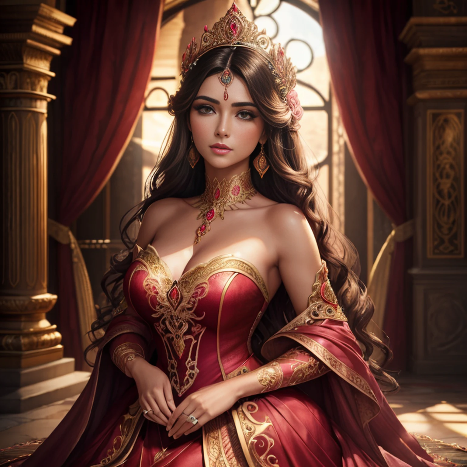 This artwork is in the realistic fantasy style set in the castle's rose garden. Generate a woman with a beautiful detailed face dressed in the undulating folds of a stunning yellow French silk ball gown. O vestido apresenta babados, Faixas, e arcos, and its bodice is delicately, but intricately embroidered by hand. The woman's sweet face is ((((altamente detalhado, with realistic and smooth features, puffy lips.)))) His stunning eyes are beautifully detailed, with realistic shading and multiple colors. She is touching a timeless rose as beautiful today as it was the day it bloomed thousands of years in the past. The eternal rose is a deep shade of red with sparkling pink tones and tones. Garantir que o rosto da mulher, Hair, and the eyes are perfect. realismo, alta fantasia, fantasia caprichosa, storybook fantasy, fantasia de conto de fadas, Detalhes da fantasia, Encantadora, Encantadora, 8k, Contrata, .cgi, pintura digital, unidade, Motor irreal, (((master part))), intrincado, elegante, altamente detalhado, majestoso, fotografia digital, Arte de Artgerm e Ruan Jia e Greg Rutkowski, (master part, belos olhos finamente detalhados: 1.2), HDR, textura de pele realista, (((1Mulher))), (((sozinho))), Inclua um rosto altamente detalhado, Rosto extremamente detalhado, e fundo interessante.