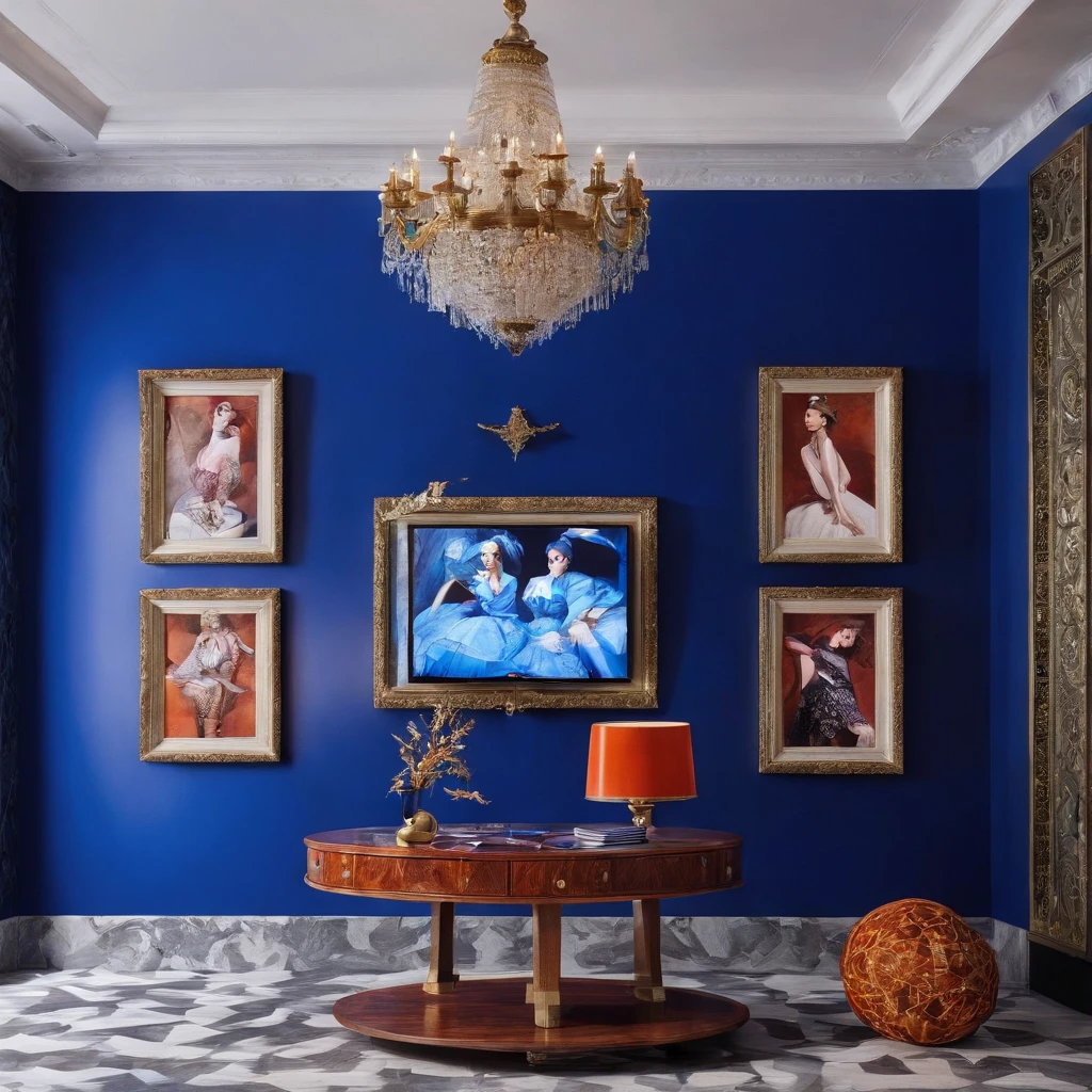 The Klein Blue room is decorated in retro style and has a TV playing
