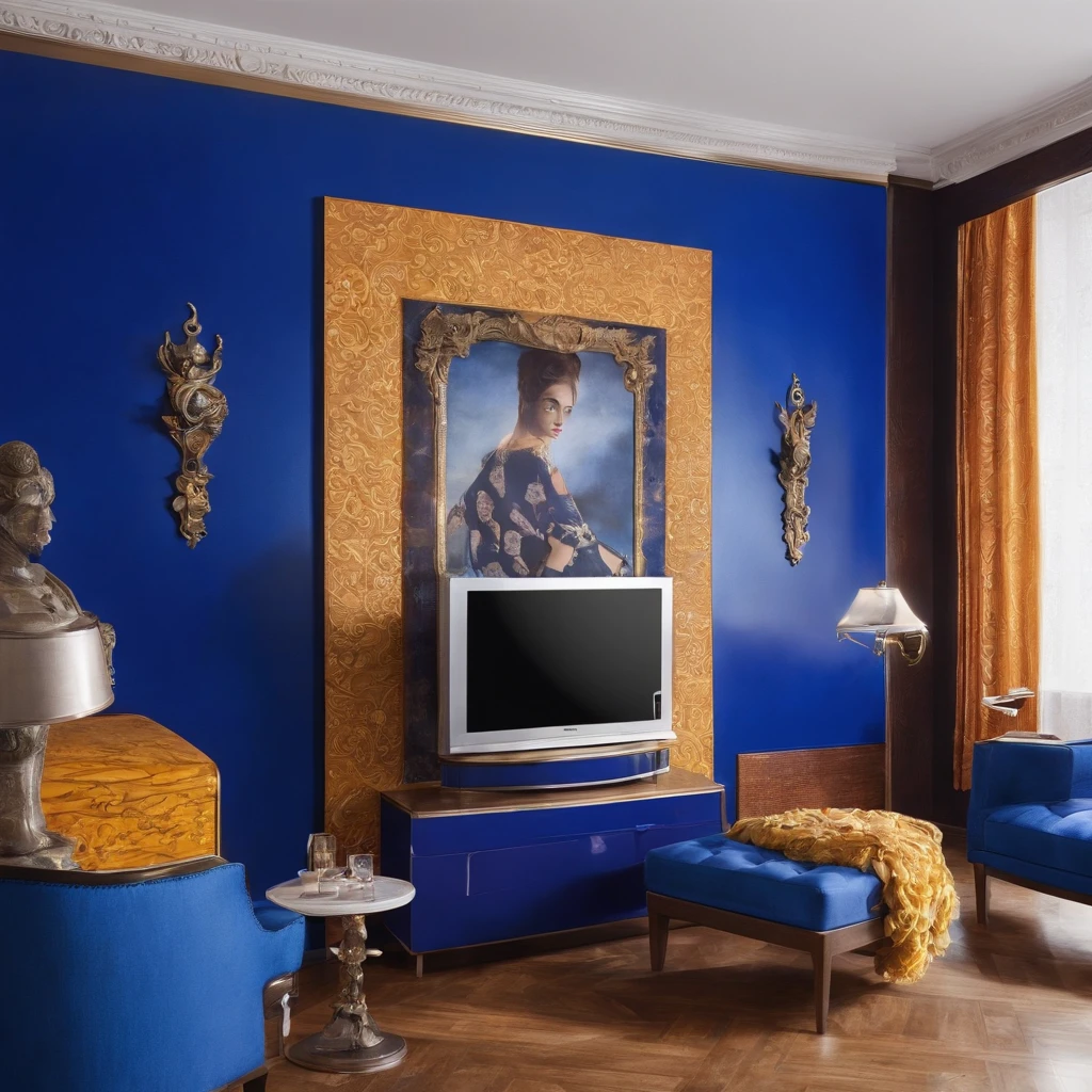 The Klein Blue room is decorated in retro style and has a TV playing