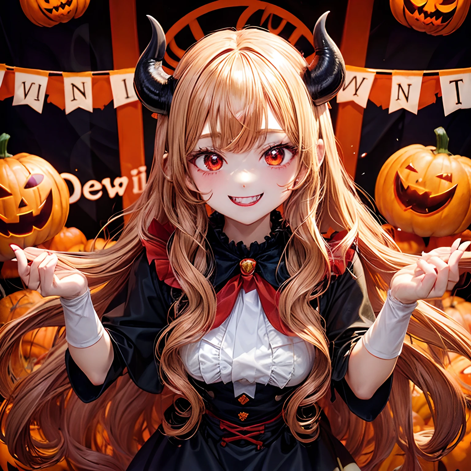 devil, Black Devil, Cute Devil, Anime Illustration, ultra-detailliert, Hyper Sharp Image, tusk. long hair with blonde wavy curly hair, Wearing a rubber costume, Halloween Festival, Jack-o'-lantern, ghost, Happy smile, Cute smile, Red Eyes, Dark skin, Eating pumpkin, chibi emote,