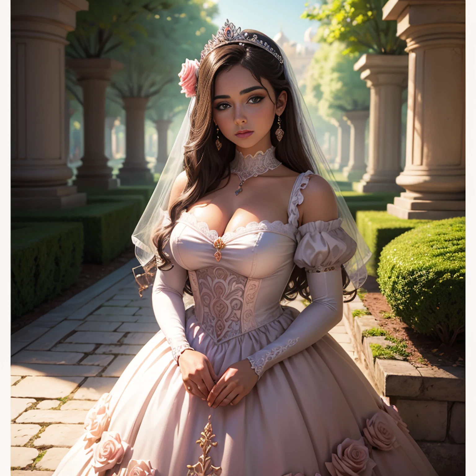 A princesa e os gansos, 1 Girl, plano de fundo jardim de rosas, rosas, alta qualidade, super detalhado, pintura realista.