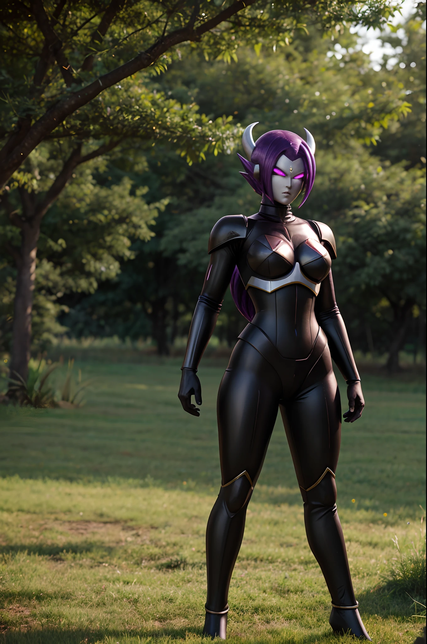 Full body black Frieza girl,iron face,grass background