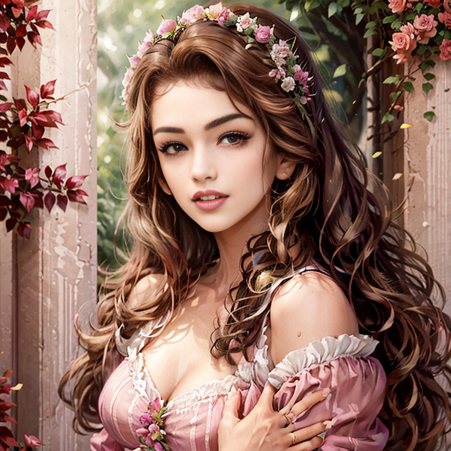 This is a realistic fantasy artwork set in the castle's enchanted rose garden. Generate a proud woman with a highly detailed face dressed in the folds of a stunning French silk ball gown. The woman's sweet face is ((((altamente detalhado, with realistic and smooth features, puffy lips.)))) The ball gown is embellished with ruffles, Faixas, e arcos e um, mas intrinsecamente, Hand-embroidered bodice. O espartilho apresenta fita de seda. The woman's stunning eyes are beautifully detailed, with realistic shading and multiple colors and high resolution. The woman is in a garden of eternal roses, cada um lindamente formado e altamente detalhado. Estas rosas realistas apresentam tons cintilantes de rosa, amarelo, laranja, e vermelho cintilante. The eternal rose is a deep shade of red with sparkling pink tones and tones. Garantir que o rosto da mulher, Hair, and the eyes are perfect. realismo, alta fantasia, fantasia caprichosa, storybook fantasy, fantasia de conto de fadas, Detalhes da fantasia, Encantadora, Encantadora, 8k, Contrata, .cgi, pintura digital, unidade, Motor irreal, (((master part))), intrincado, elegante, altamente detalhado, majestoso, fotografia digital, Arte de Artgerm e Ruan Jia e Greg Rutkowski, (master part, belos olhos finamente detalhados: 1.2), HDR, textura de pele realista, (((1Mulher))), (((sozinho))), Inclua um rosto altamente detalhado, Rosto extremamente detalhado, e fundo interessante.