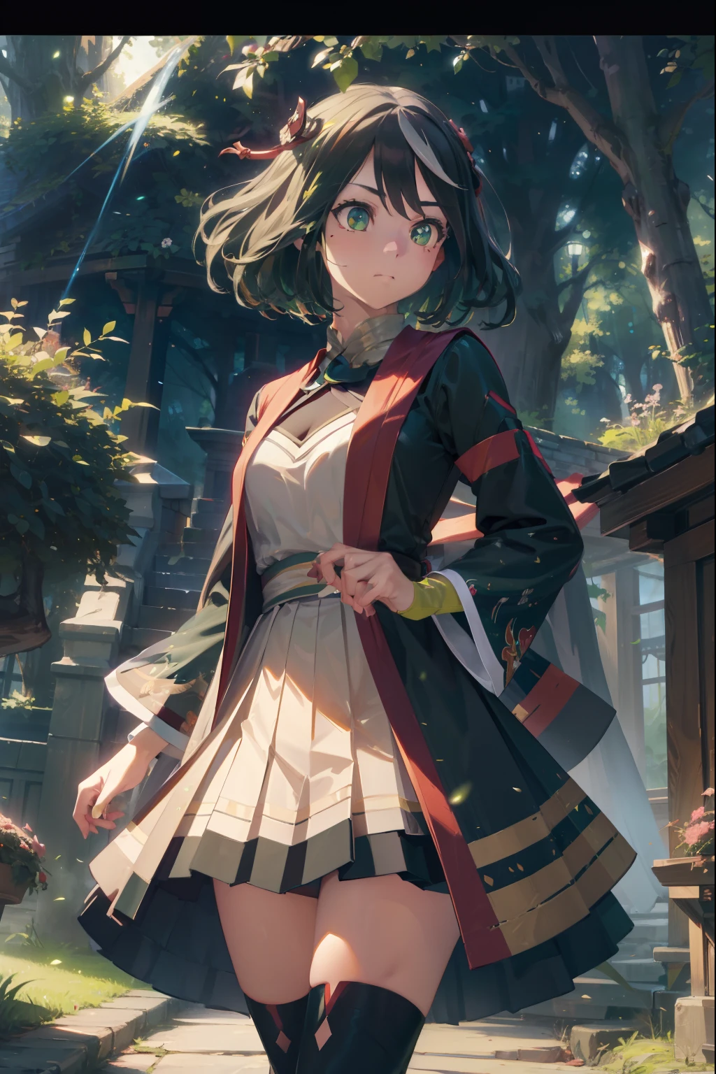 mitsurikanroji, mitsuri kanroji, braid, gradient hair, (green eyes:1.5), green hair, long hair, mole,  mole under eye, multicolored hair, pink hair, twin braids, two-tone hair,
BREAK belt, black skirt, cleavage, coat, demon slayer uniform, haori, japanese clothes, long sleeves, miniskirt,  partially unbuttoned, pleated skirt, skirt, uniform,
BREAK looking at viewer,
BREAK indoors,
BREAK (masterpiece:1.2), best quality, high resolution, unity 8k wallpaper, (illustration:0.8), (beautiful detailed eyes:1.6), extremely detailed face, perfect lighting, extremely detailed CG, (perfect hands, perfect anatomy), (Master Masterpiece、maximum quality、highestres、offical arts、Beautifully Aesthetic:1.2)、(Master Masterpiece、maximum quality、maximum quality、offical arts、Beautifully Aesthetic:1.2)、(Master Masterpiece、maximum quality、maximum quality、offical arts、Beautifully Aesthetic:1.2)、(a 1girl:1.3)、highly detail、(Fractal Art:1.3)、colorfull、Supreme Details、「Enchanting witch from another world」This painting titled、It depicts a captivating beautiful witch manipulating magic in the castle gardens without limits。The castle spreads out、The garden there is、It creates an atmosphere as if a door to another world has appeared..。

Standing at the center is、Beautiful witch in a sophisticated dress。His face is meticulously drawn.、He has a profound expression on his face, as if he strongly wishes for something.。In her hand is a luxurious wand.、From that wand is emitting mighty magical powers。 The magic cast is、It was released as an explosive force from the tip of the wand.、The energy that reverberates through the garden as a beam of colorful light is very powerful.、A beam of light makes a large trajectory in the sky。

The charm of this painting is、The mighty and enchanting beauty of the witch、Y、It skillfully captures the mystique of the garden.。 、And the witch's facial expressions and movements are very realistic.、It has the power to draw the viewer into the place。

In addition、the light and