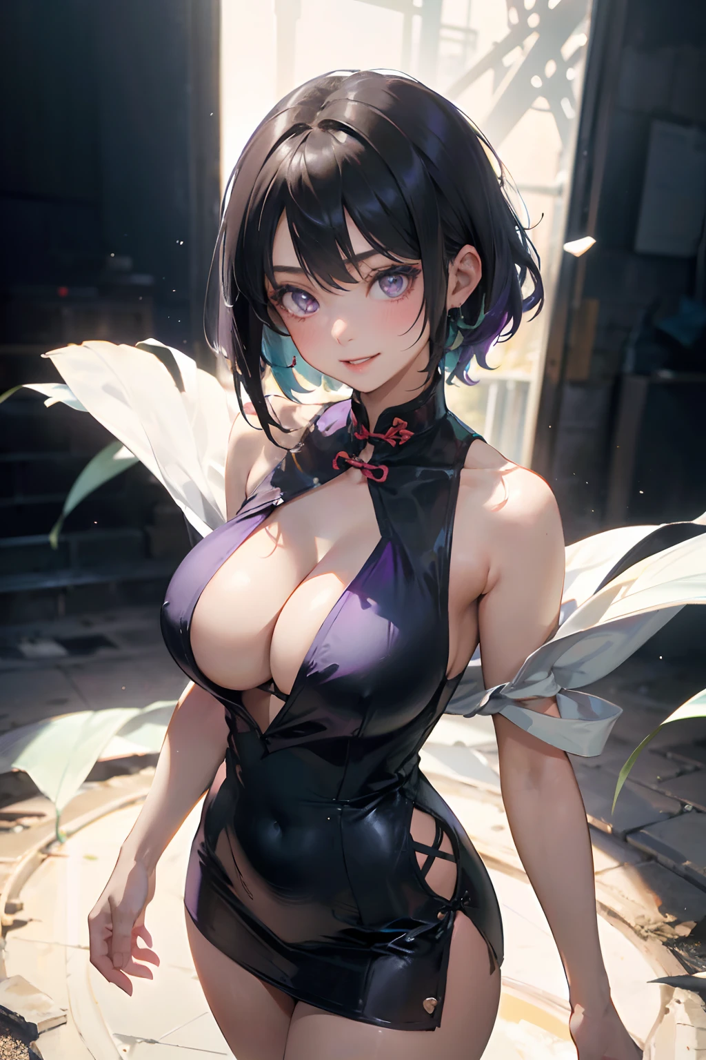 a 20 yo woman、Black-haired head hair、Bery short hair、Big smile、cleavage of the breast、Thighs that can be seen at a glance、Purple cheongsam with open chest(hi-top fade:1.3)、dark themed、Muted Tones、Subdued Color、highly contrast、(natural skin textures、Hyper-Realism、Soft light、sharp)