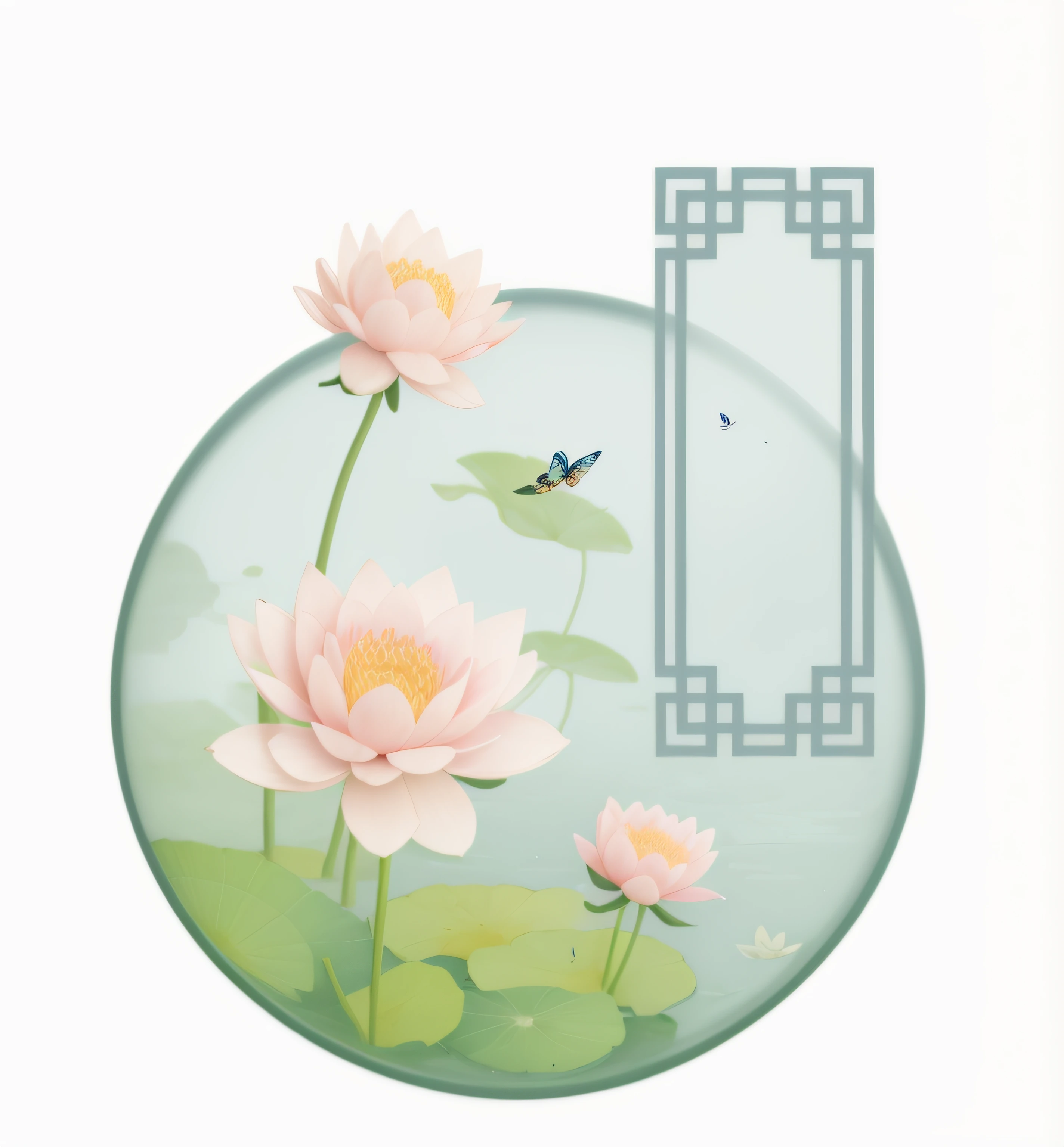 There is a picture of a glass vase，It has flowers and butterflies on it, Chinese watercolor style, serene illustration, Middle metaverse, with lotus flowers, Lotus, Chinese style painting, Lotus pond, Chinese painting style, author：Shitao, inspired by Cui Bai, A beautiful artwork illustration, background artwork, arte de fundo, Inspired by Bian Shoumin