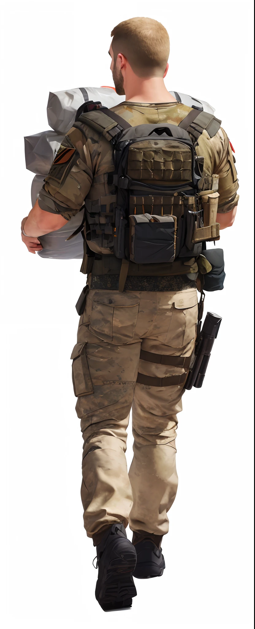 There was a man walking with a backpack and a gun,He was carrying a few bales of cement，full body shot hyperdetailed, heavy detail, soldier outfit, extreme detail skin, full body detailing, extreme hight detail,  realistic detail, whole body highly detailed, extra detail, highly detailed whole body, realistic soldiers
