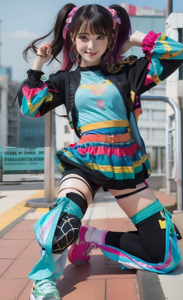 infp young woman、Good Style、Colorful hair、minidress、Idol face、large full breasts、、Shorts、Colorful tights、Junk Armor