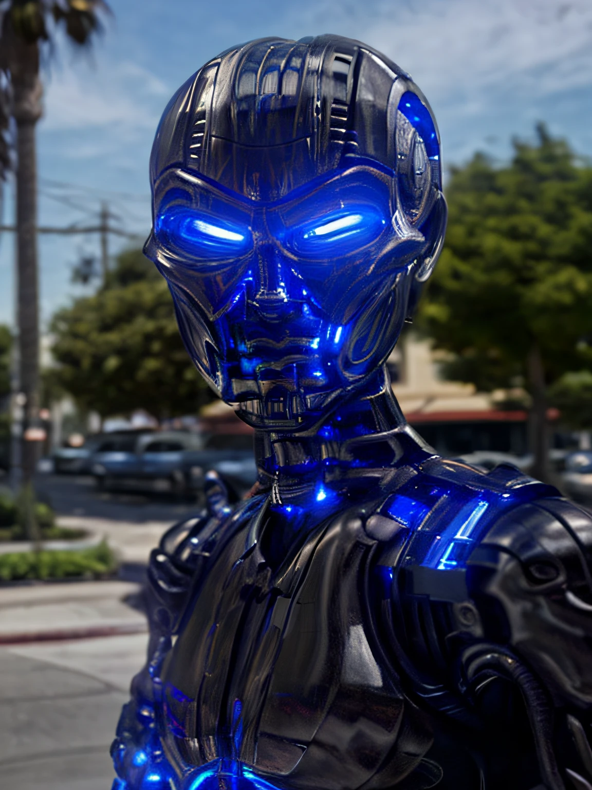 ultra realistic, very high quality, (los angeles city street1.2, photorealistic environment:1.1), (endoskeleton:1.2, glowing blue:1.1), T-X, cinematic, deep focus, sharp details, add details, photorealistic, ultra HD, 8K