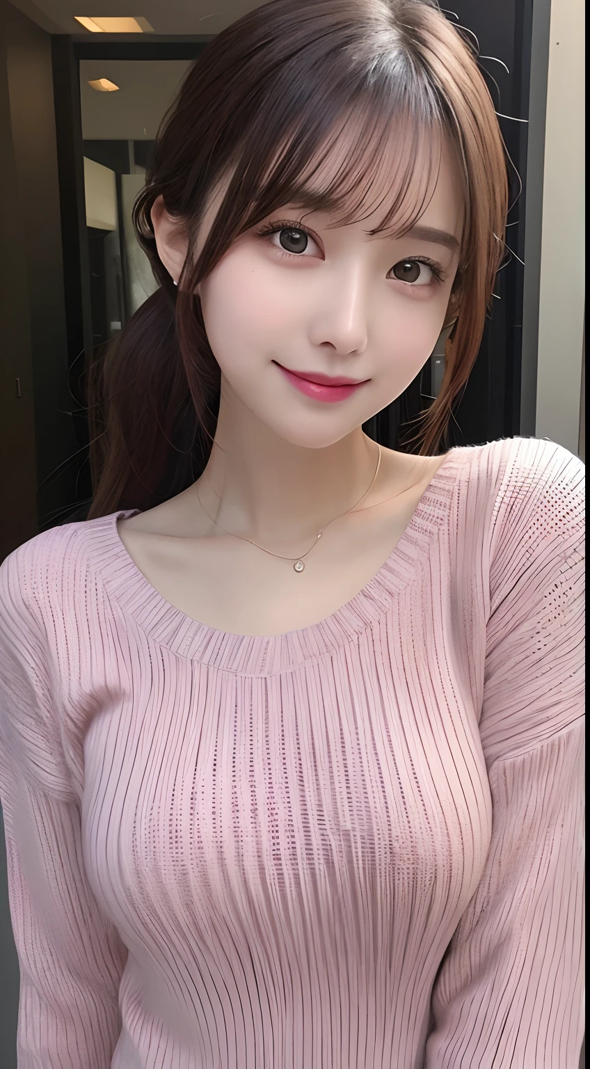 masutepiece, Best Quality, Illustration, Ultra-detailed, finely detail, hight resolution, 8K Wallpaper, Perfect dynamic composition, Beautiful detailed eyes, Wearing a light pink sweater, Ponytail hair,Brown hair color ,Small breasts, Natural Color Lip, Random and sexy poses,Random situations,Slender body,Slender face,A big smile