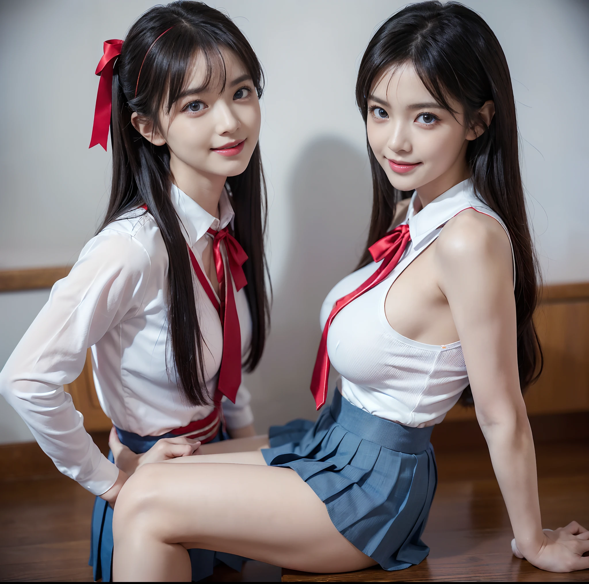 top-quality, 4K picture quality, ​masterpiece, (Professional lighting without shadows), A hyper-realistic, (perfect anatomia), Two girls, (Proudly stand in front of the camera、With a girl showing off a ribbon tie, The other girl on the other side is bending over、I'm sticking my butt out towards the camera), ( with perfect body、Huge breasts:1.2), Bright and even whitening skin without wrinkles and steps, (bright beautiful blue eyes with long eyelashes and red tear bags,,,,,、Reflects a lot of light:1.2)、 Half-up hair with bangs, (Her outfit is、Dress up tight fit cramped schoolgirl uniform with super short super mini pleated skirt:1.2), (Intricate design around the neck and crimson ribbon tie、Look proudly from the front), (Another girl on the other side、To beautifully emphasize the proud ultra mini pleated skirt、Showing off a pose with half of her buttocks exposed from directly behind:1.4), (Beautiful face squinting in dazzling light:1.2), (Squinted smile:1.4), Plump red teardrop bag,