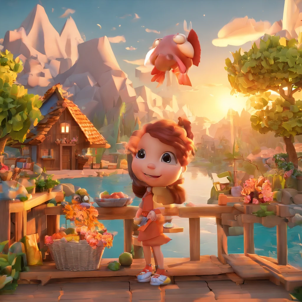 Cartoon version of the girl,Scattered houses, Smart eyes,Carry firewood and fish baskets with you,The mountains and waters are beautiful, Glossy and delicate,Clean background, 3D rendering of,adolable