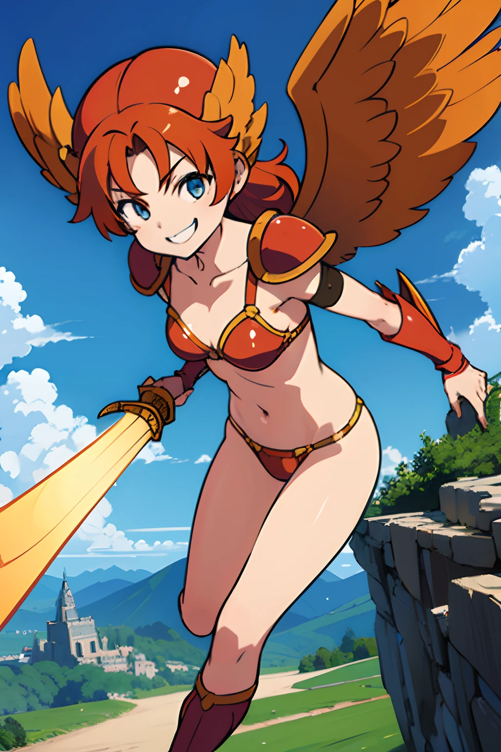 1girl in、hight resolution、​masterpiece、Maribel、Short stature、Smiling smile、Orange hair、Bikini Armor、Winged helmet、Red armor、plein air、Holding the sword with both hands、Attacking with a sword、Fighting