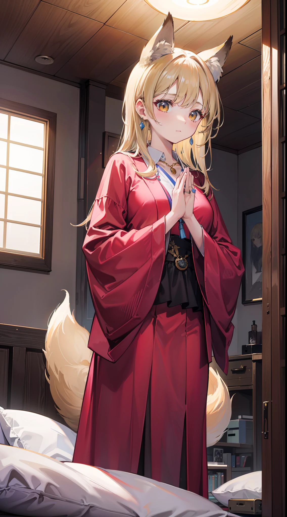 Futuristic sci-fi style,cyber punk perssonage,({{Young}}of maidens,,{couple}fox ear,Long fox tail,Beige hair,{Tempting}gold eyes,He wears a delicate jewelry necklace around his neck,Bring a pocket watch,Exquisite futuristic Japanese pajamas,Exquisite hands,DOA{Clasp your hands in front of you,Kneel on the soft bed})(enviroment:Inside the house,A window,Outside is the city in the moonlight,The house was dimly lit)