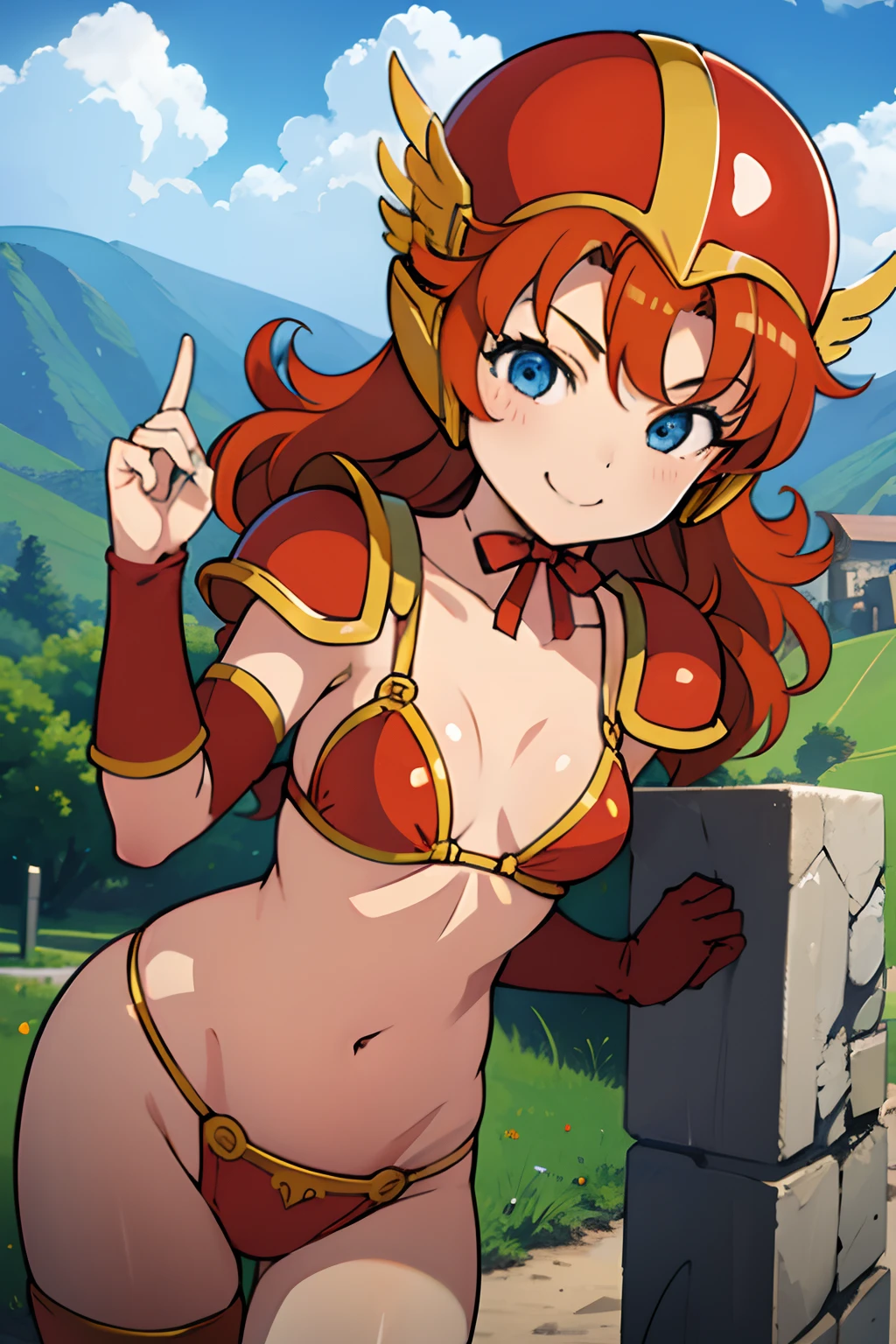 1girl in、hight resolution、​masterpiece、Maribel、short stature、Smiling smile、Orange hair、Bikini Armor、Winged helmet、Red armor、plein air