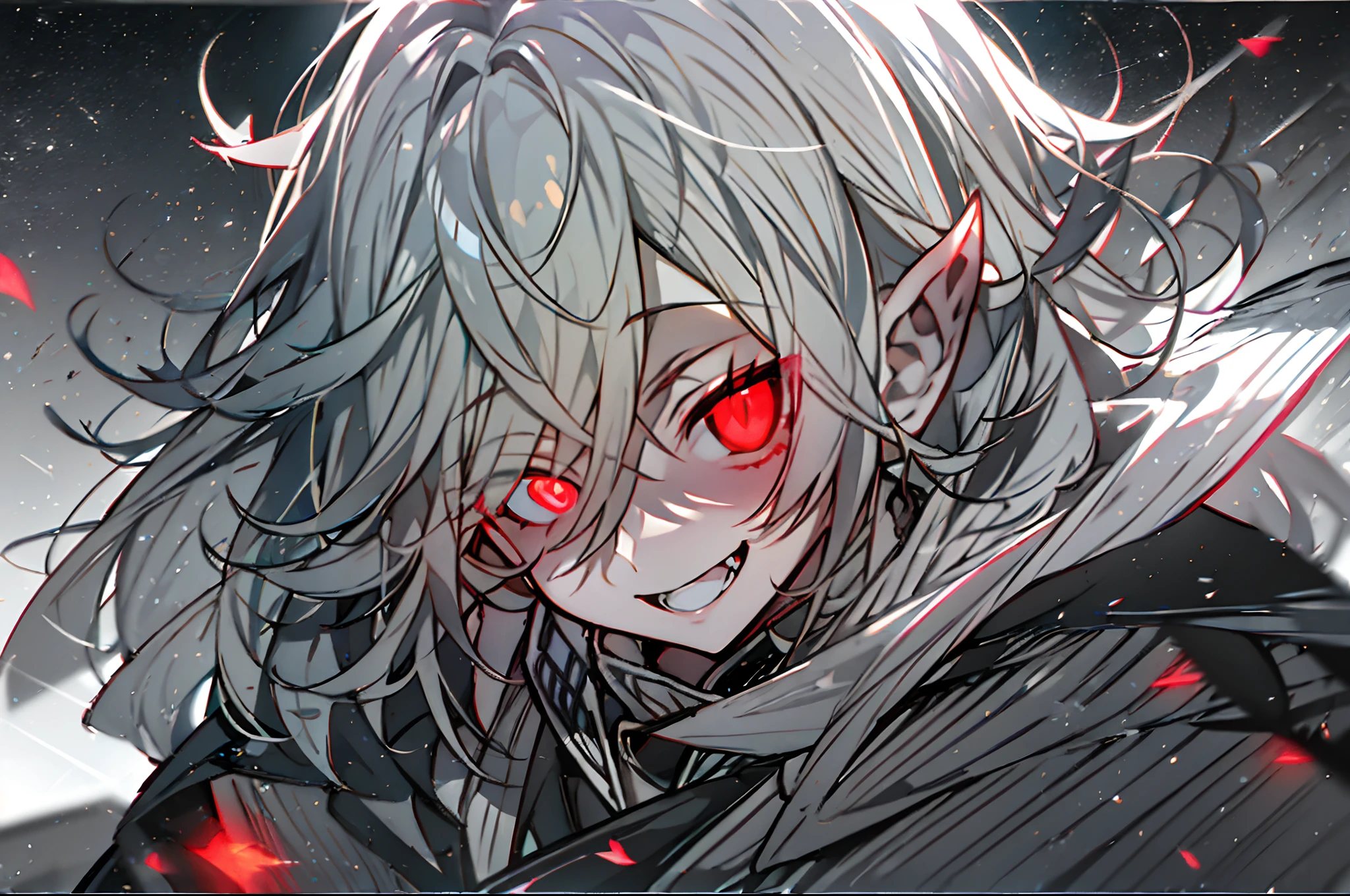 1 boy、beautiful countenance、Gray color、Long hair、Anime girl with gray hair and red eyes staring at the camera、Glowing red eyes、Shadow Body、monochromes、slim, evil smile、Diagonal angle、Oblique eyes、Cool、Open mouth