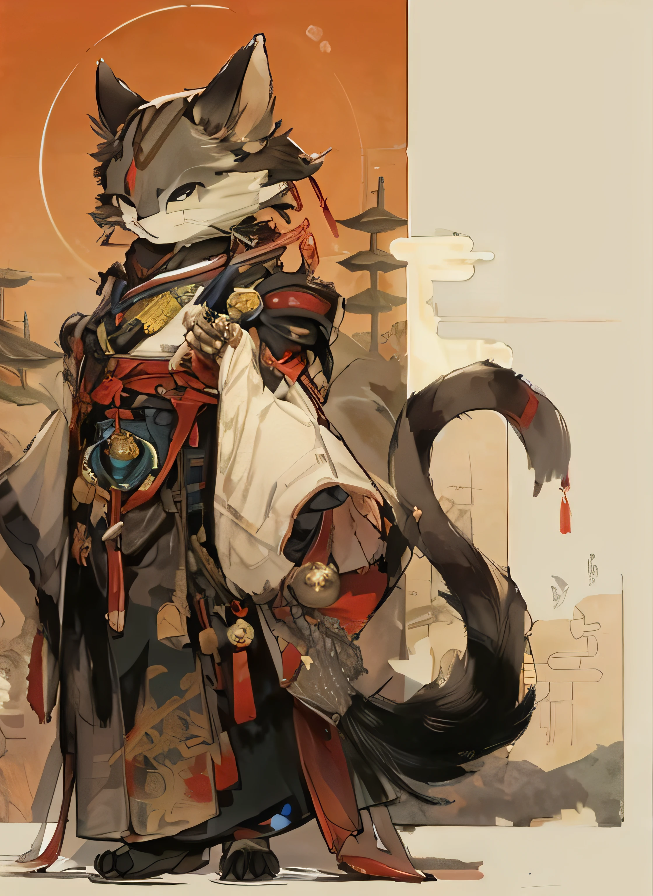 Anime cat with sword and armor standing in front of a building, anthropomorphic cat ninja, by Yang J, traditional japanese concept art, Onmyoji detailed art, Great character design, G Liulian art style, feudal japan art, interesting character design, Anime character art, anime concept art, beautiful full-body concept art, detailed anime character art