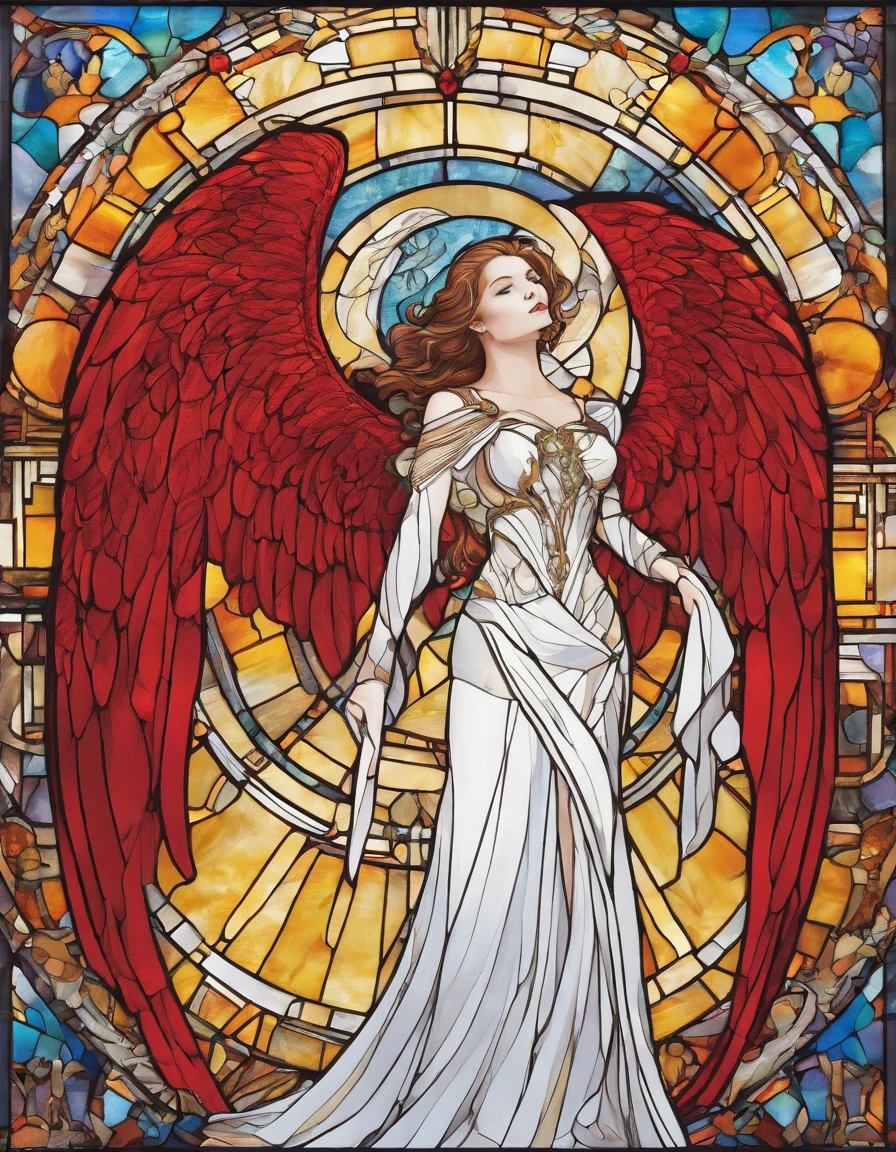 Singer in white half mask, Big Angel Wings, Long Red Dress, Innocence