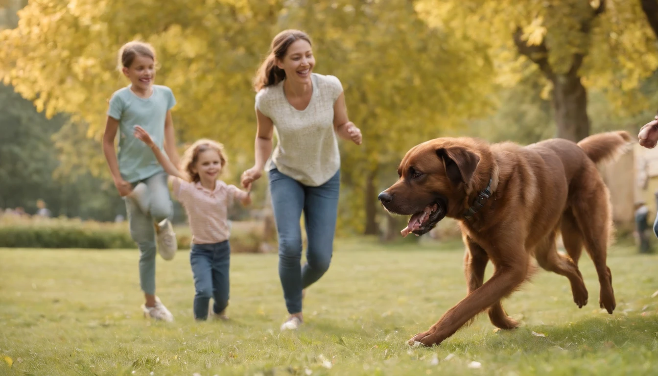 A young girl and her brown dog standing up to a group of older kids who are picking on a smaller kid in the park. The older kids are backing away, scared of the dog. The girl is smiling and the dog is barking and growling. The smaller kid is running up to the girl and dog to thank them for helping him.