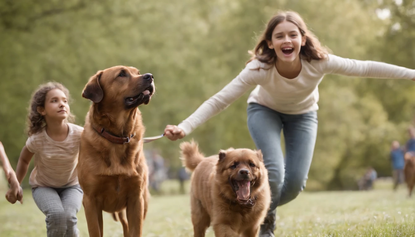 A young girl and her brown dog standing up to a group of older kids who are picking on a smaller ??? in the park. The older kids are backing away, scared of the dog. The girl is smiling and the dog is barking and growling. The smaller kid is running up to the girl and dog to thank them for helping him.