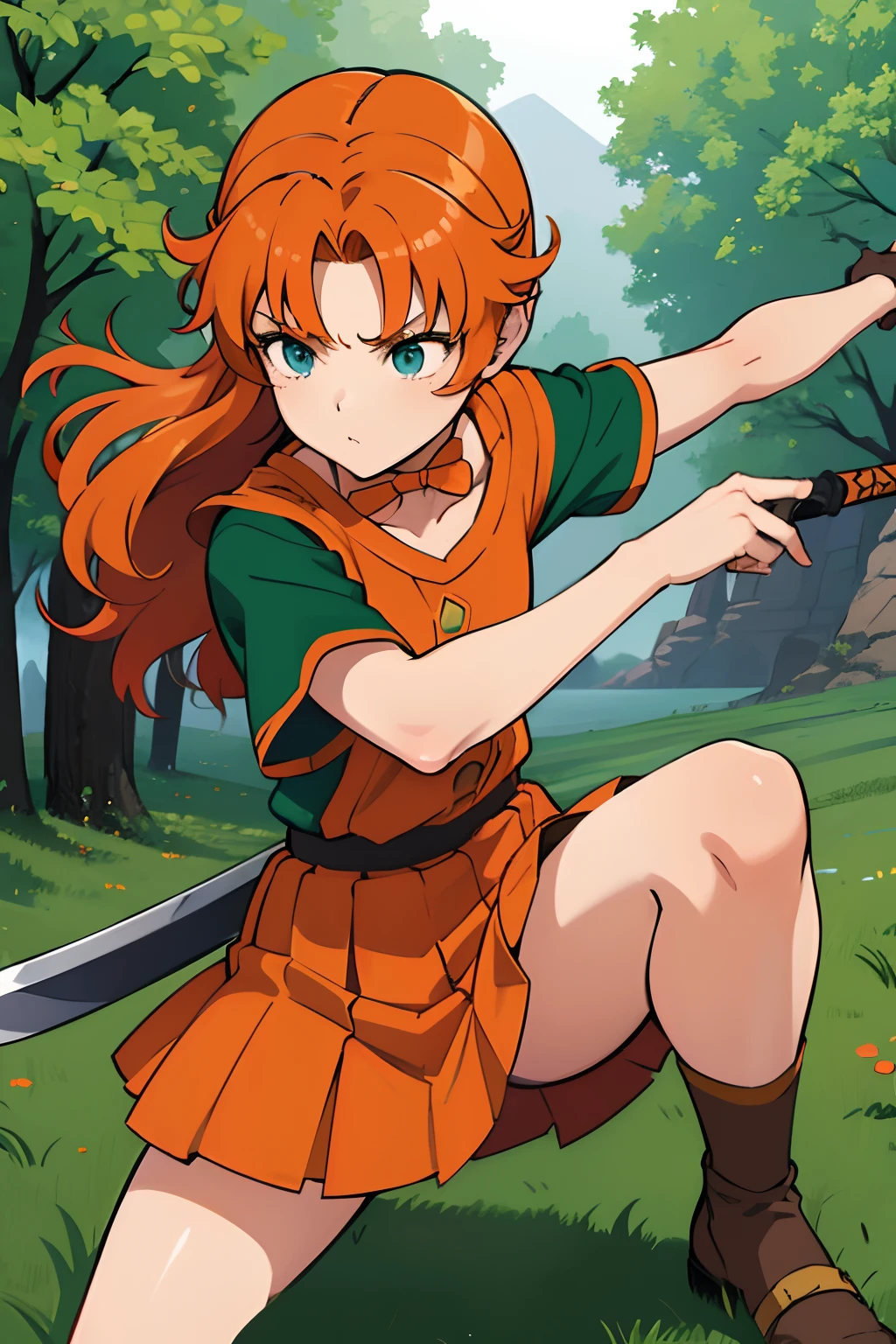 1girl in、hight resolution、​masterpiece、Maribel、Short stature、Orange hair、green clothing、a miniskirt、Holding the sword with both hands、attacking with a sword、Fighting