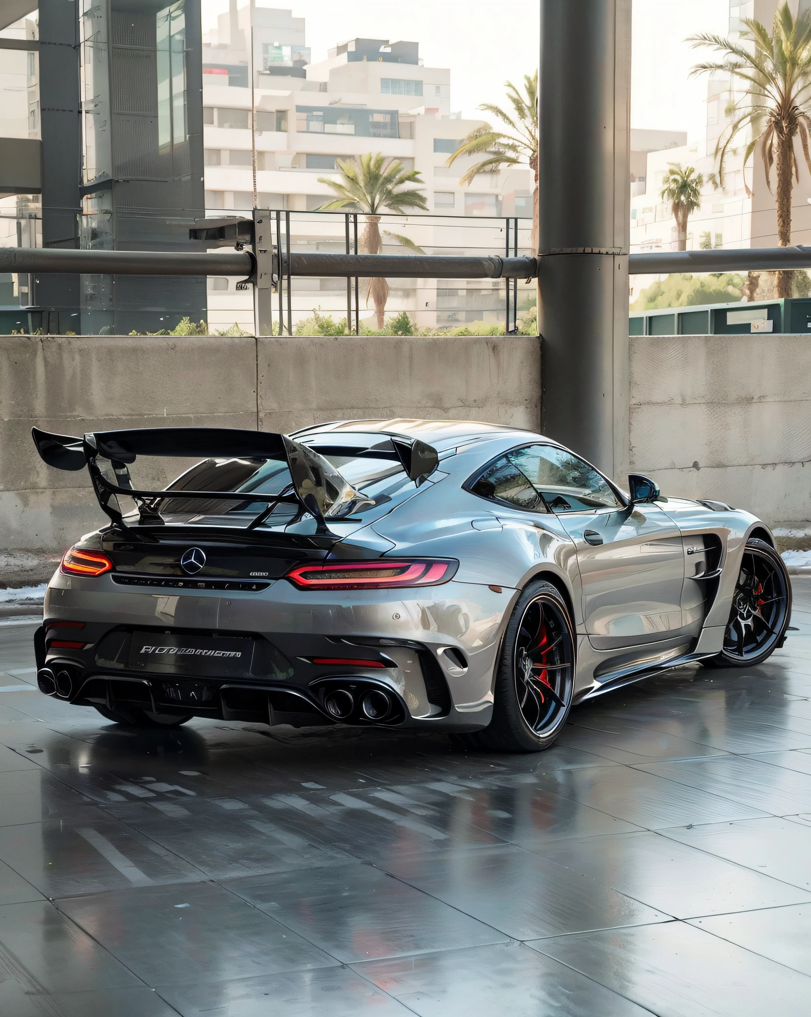 a close up of a silver sports car parked in a parking lot, Wide body, lightweight but imposing, sports cars, Slr, Inspired by Otto Abt, sports cars, with a sleek spoiler, long shot from back, ❤🔥🍄🌪, Mercedes Benz, LuxuryLifestyle, sports cars, F12, rear-shot, Chromium and carbon, thicc build