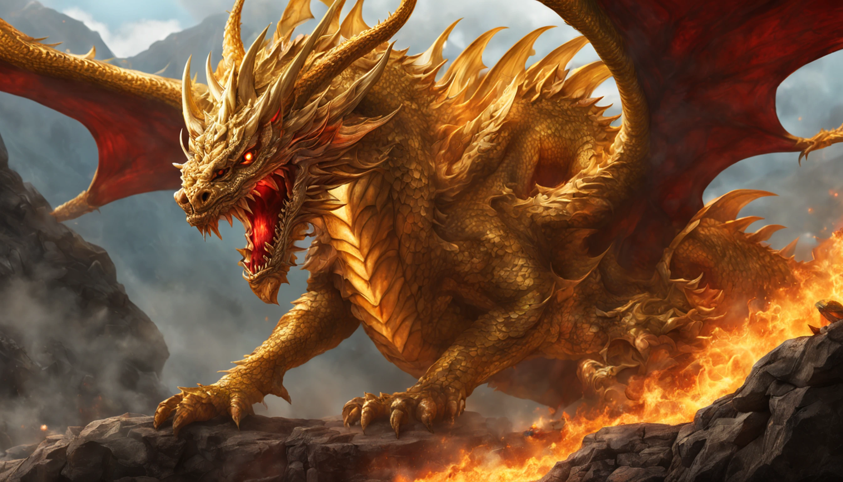 (Golden heavenly dragon) com (olhos vermelhos penetrantes),Close-up soltando (Fogo de Sangue) pelo nariz,EscInfelizmente bulumétricas,alta qualidade,8k,Muitos detalhes,Fire Paticulas,Infelizmente,4 pernas,Garra manchada,ouro,perigo,Fogo,Dentes afiados,Giant dragon,colossal,menacingly,imponente,Escamas azuis