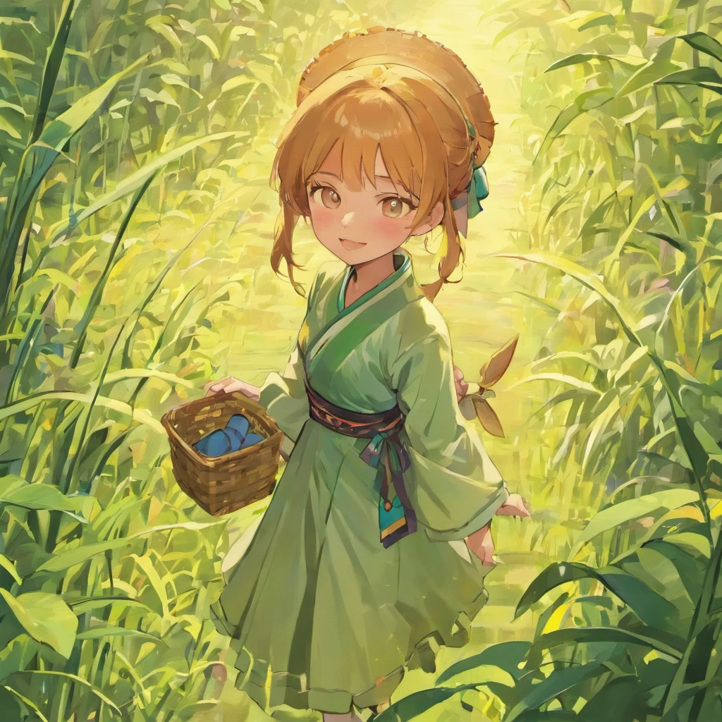 Zhuang ethnic costume girl,The houses are scattered and orderly, and there are rice fields,With a smile,Holding a basket in your hand,The busy back of the villagers