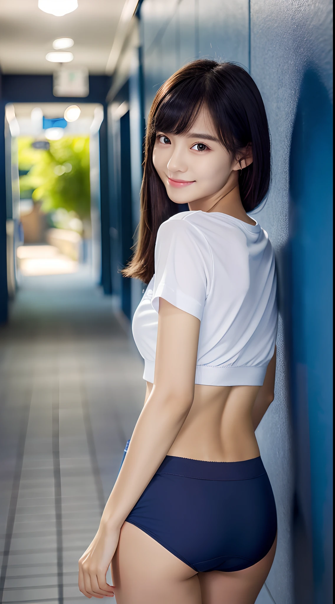 (((The color is dark navy blue only panties)))、((white t-shirts))、((1人))、((Pose cutely with your back))、((school hallway))、((18 year old beautiful girl))、((A slight smil))、((Outstanding style))、A sexy、Photorealsitic、Beautiful detailed eyes、Hyper-Realism、highcontrast、Ultra HD、realistic skin textures、Top image quality、top-quality、超A high resolution、Fine details、Very meticulously