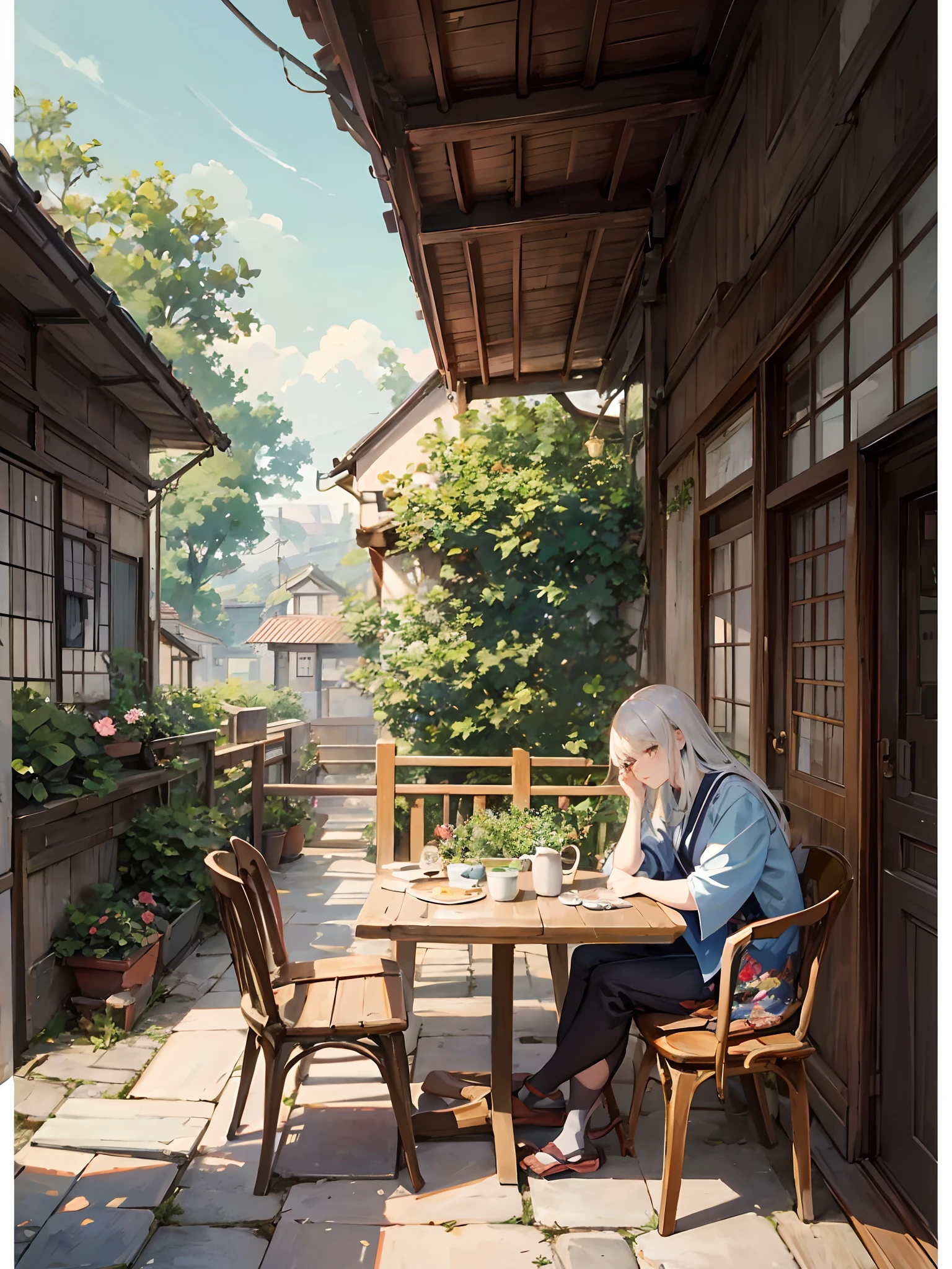 There is a garden painting with table and chairs, cozy café background, detailed scenery, Japanese street, very detailed scene, summer afternoon, Japanese art style, beautiful detailed scene, cottage core, relaxing concept art, cozy home background, landscape artwork
