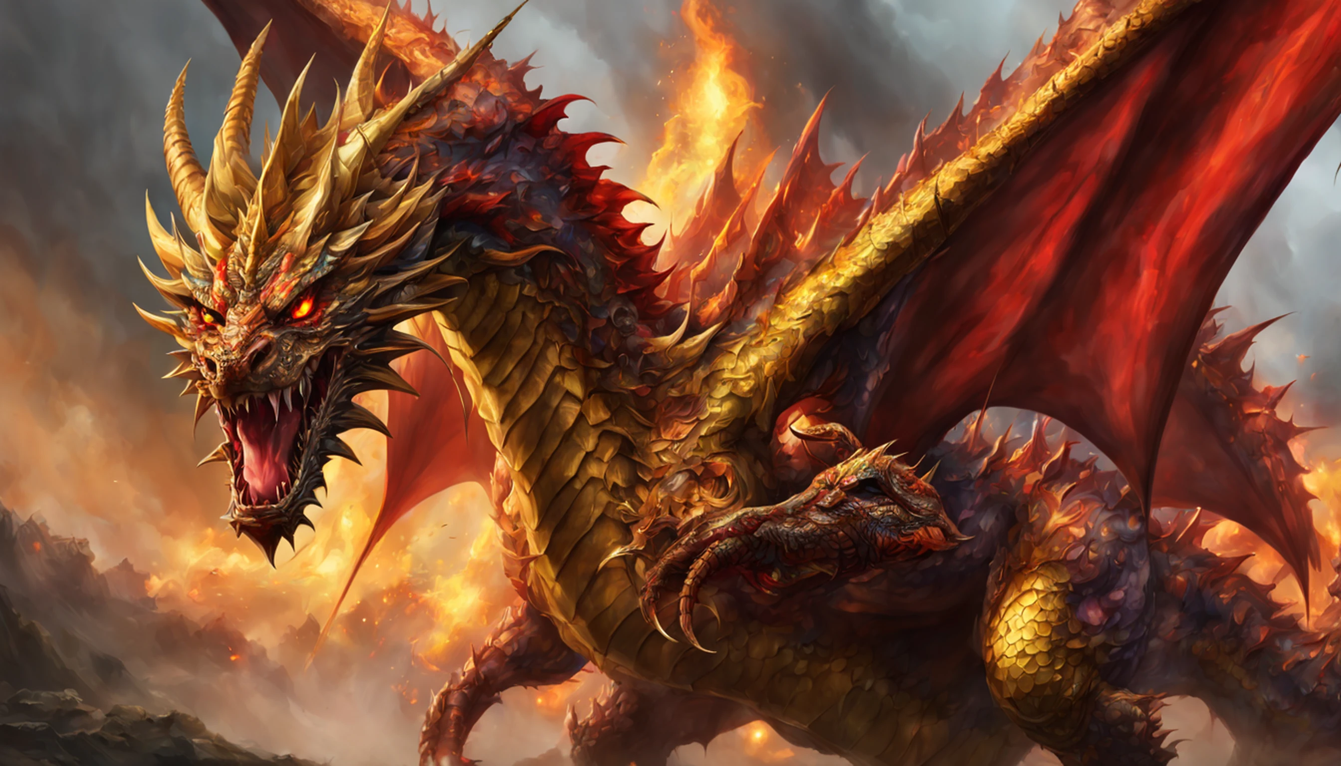 (Golden heavenly dragon) com (olhos vermelhos penetrantes),Close-up soltando (Fogo de Sangue) pelo nariz,EscInfelizmente bulumétricas,alta qualidade,8k,Muitos detalhes,Fire Paticulas,Infelizmente,4 pernas,Garra manchada,ouro,perigo,Fogo,Dentes afiados,Giant dragon,colossal,menacingly,imponente,Escamas azuis