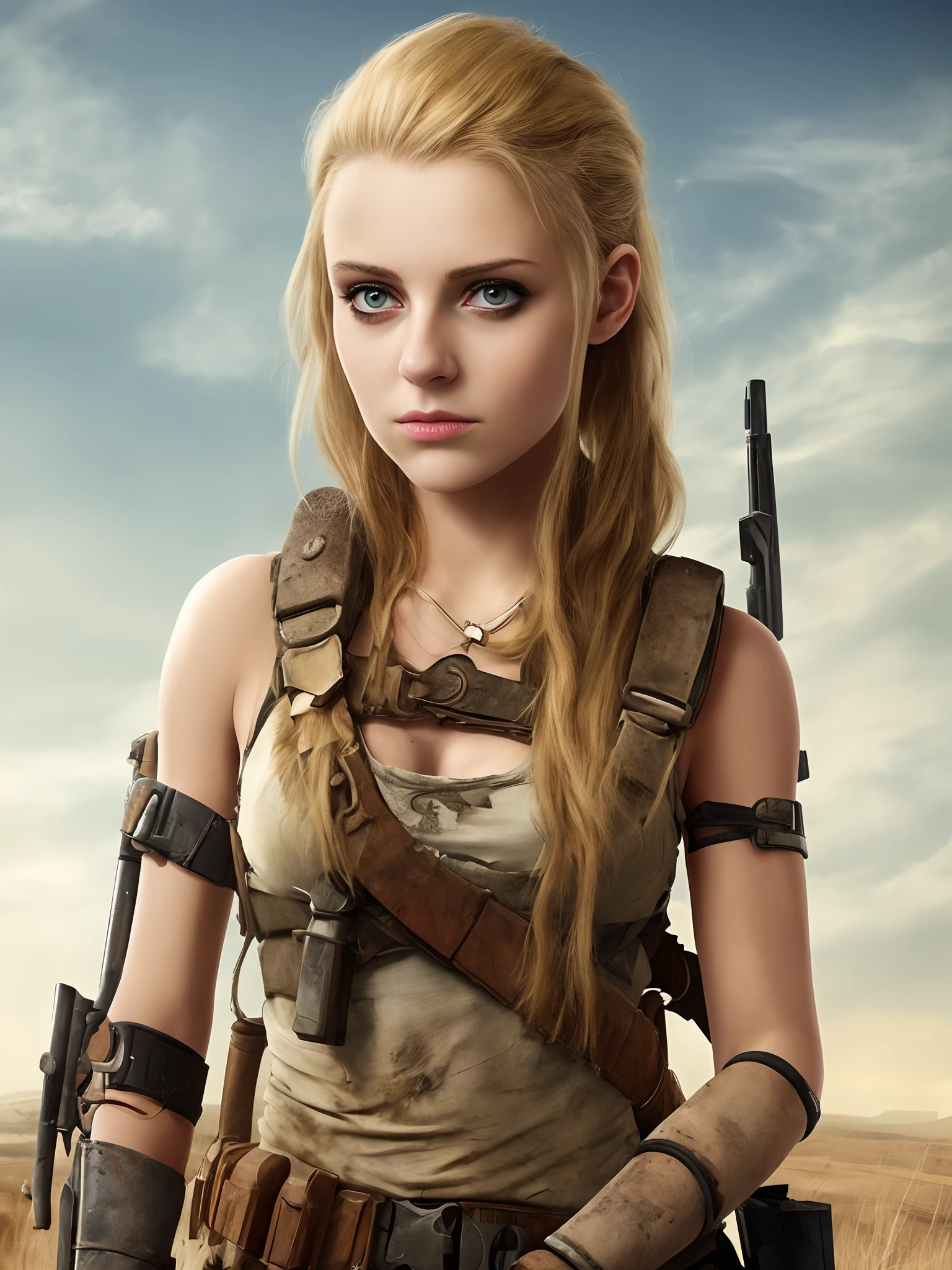 Post-apocalyptic girl, young, desperate, clean beautiful face, weak
