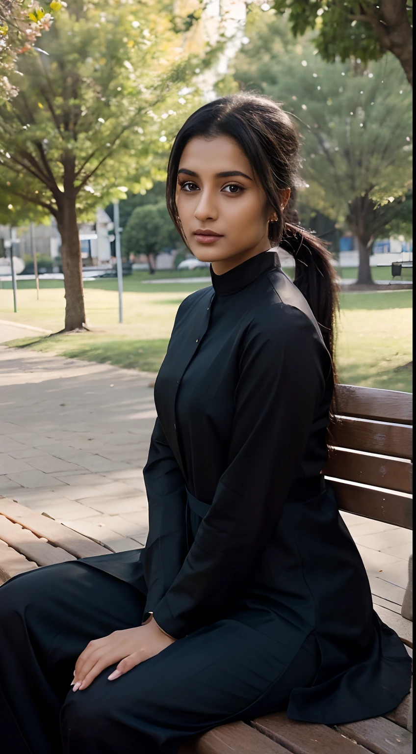 25 year woman, brown skin, black hair, ponytail, blue and black salwar-kameez, sitting in park bench, park background, eyes locked at viewer, professional photography