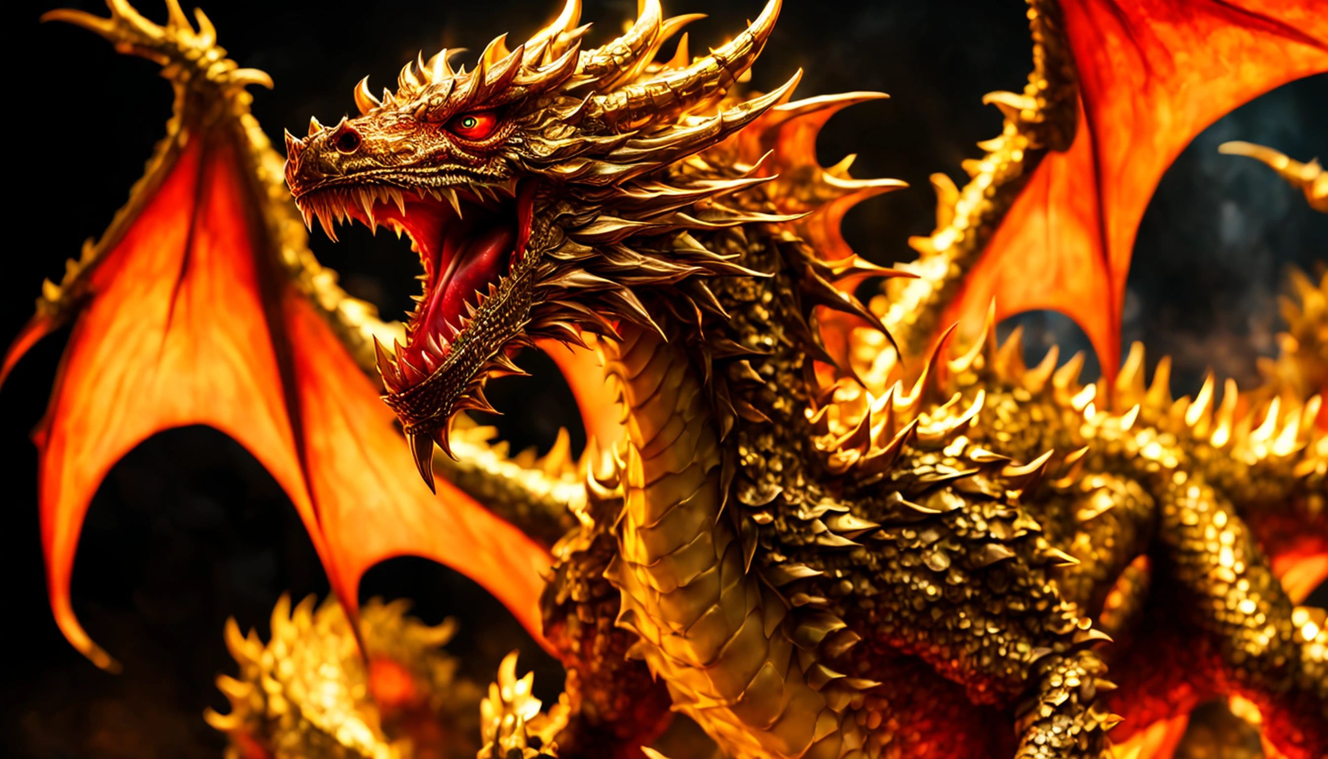 (Golden heavenly dragon) com (olhos vermelhos penetrantes),Close-up soltando (Fogo de Sangue) pelo nariz,EscInfelizmente bulumétricas,alta qualidade,8k,Muitos detalhes,Fire Paticulas,Infelizmente,4 pernas,Garra manchada,ouro,perigo,Fogo,Dentes afiados,Giant dragon,colossal,menacingly,imponente,Escamas azuis