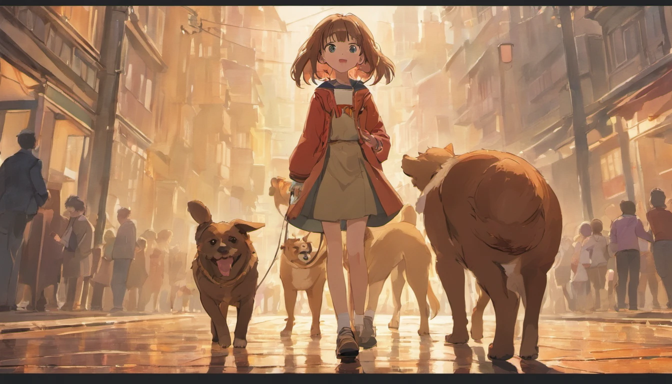 A young girl and her brown dog standing up to a group of older kids who are picking on a smaller kid in the park. The older kids are backing away, scared of the dog. The girl is smiling and the dog is barking and growling. The smaller kid is running up to the girl and dog to thank them for helping him.