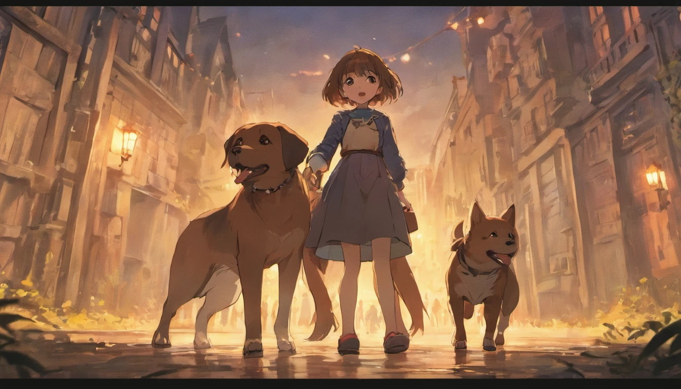 A young girl and her brown dog standing up to a group of older kids who are picking on a smaller kid in the park. The older kids are backing away, scared of the dog. The girl is smiling and the dog is barking and growling. The smaller kid is running up to the girl and dog to thank them for helping him.
