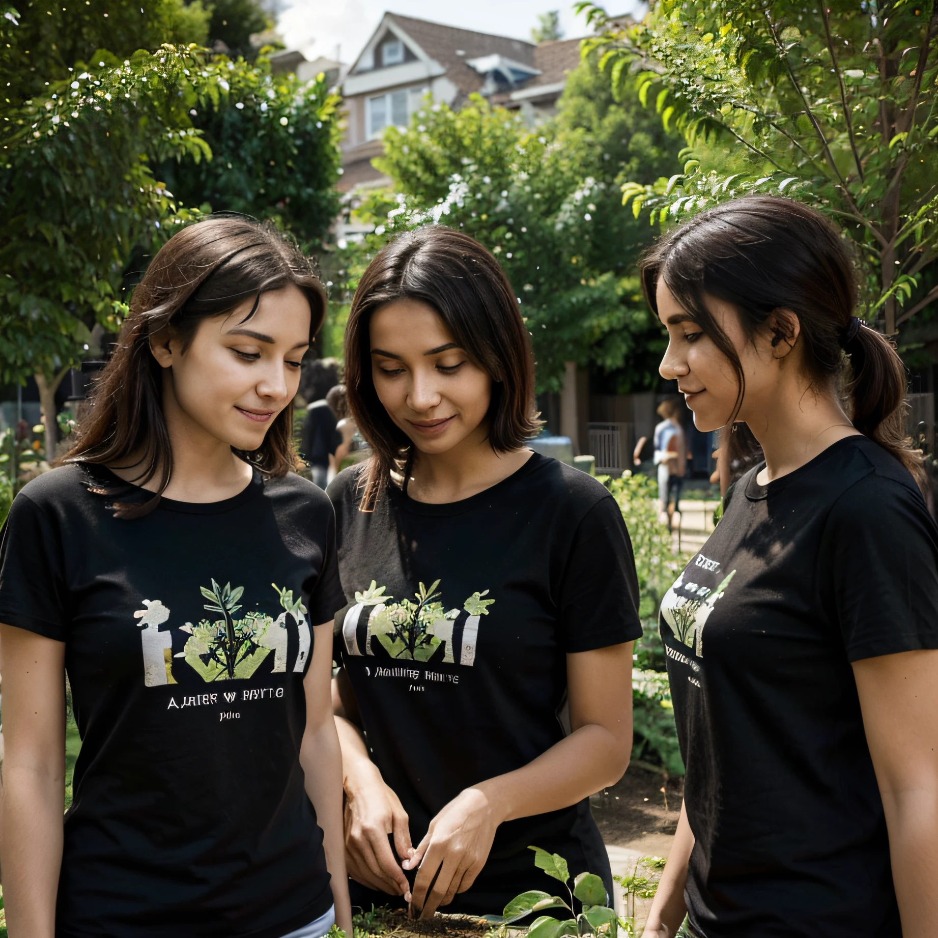 Four individuals in plain black T-shirts plant saplings in a vibrant community garden. The scene radiates unity and support, with ample space on the T-shirts for design. front view