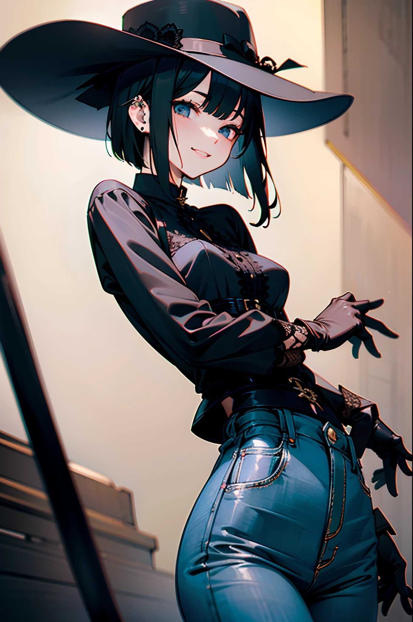 masterpiece、top-quality、1 Japan Girl、People Focus、Fashion that fits the body、Tight fashion、Skinny Denim、Black lace shirt、corsets、Black Lace Up Boots、Leather black long gloves、A dark-haired、Short Bob、Hats with large brims、piercings、Unpleasant smile、Ruthless atmosphere、Super detailed illustration、extra detailed face、Raw photography、film grains、Deviantart Trends。