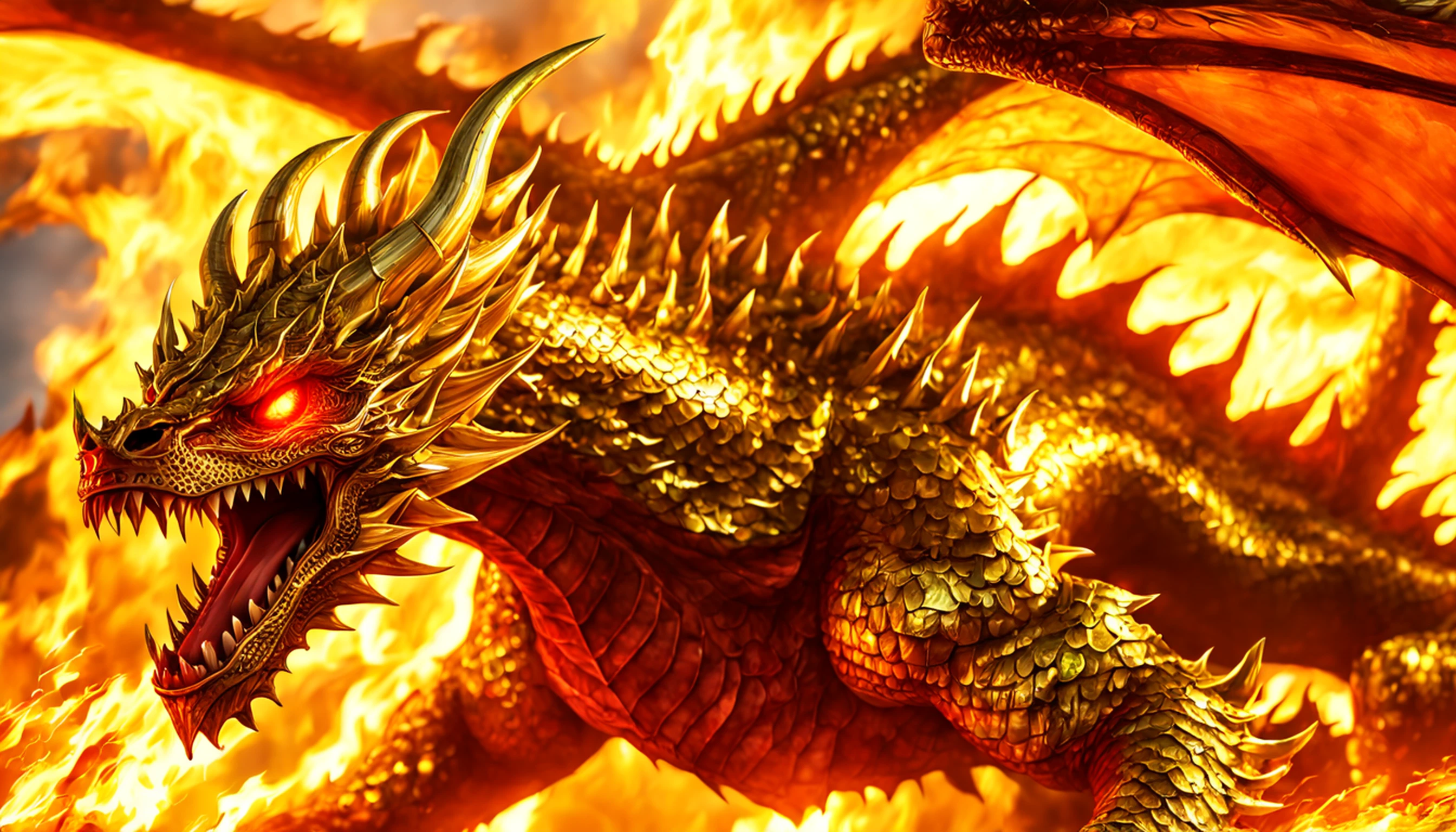 (Golden heavenly dragon) com (olhos vermelhos penetrantes),Close-up soltando (Fogo de Sangue) pelo nariz,EscInfelizmente bulumétricas,alta qualidade,8k,Muitos detalhes,Fire Paticulas,Infelizmente,4 pernas,Garra manchada,ouro,perigo,Fogo,Dentes afiados,Giant dragon,colossal,menacingly,imponente,Escamas azuis