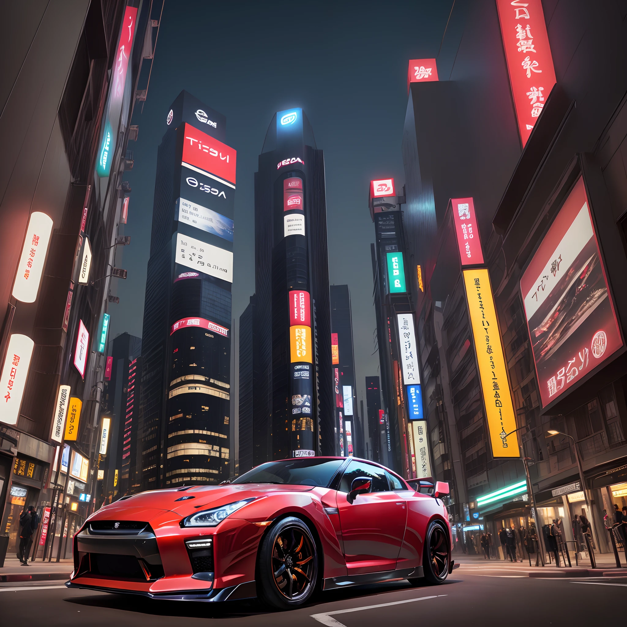 Nissan GTR drifting、Background of night view of Tokyo、Best Quality、The capital is high、Neon streets