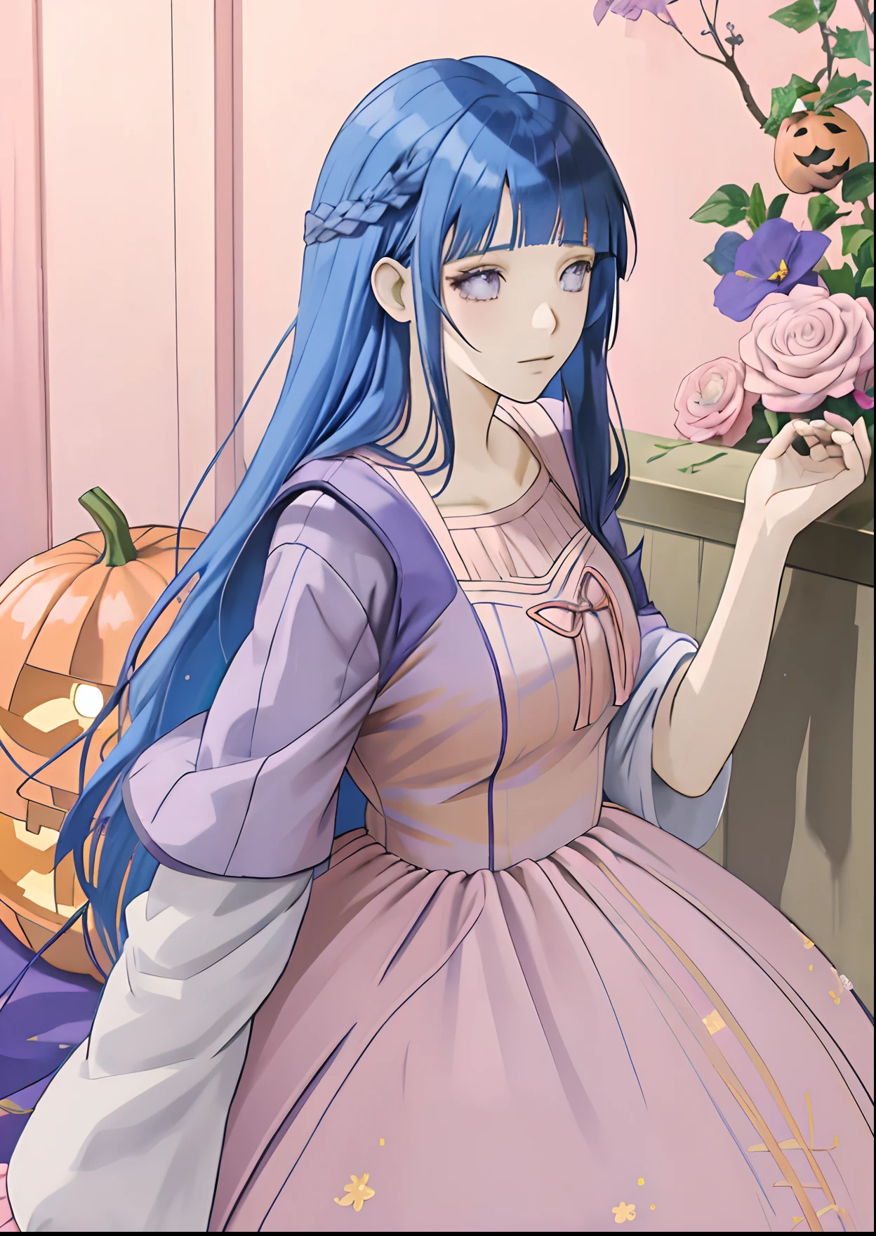 anime girl with long blue hair and pink dress standing in front of a flowered wall, holo, hinata hyuga, shoujo manga character design, anime girl with long hair, halloween, dark blue hair, blunt bangs, halloween theme