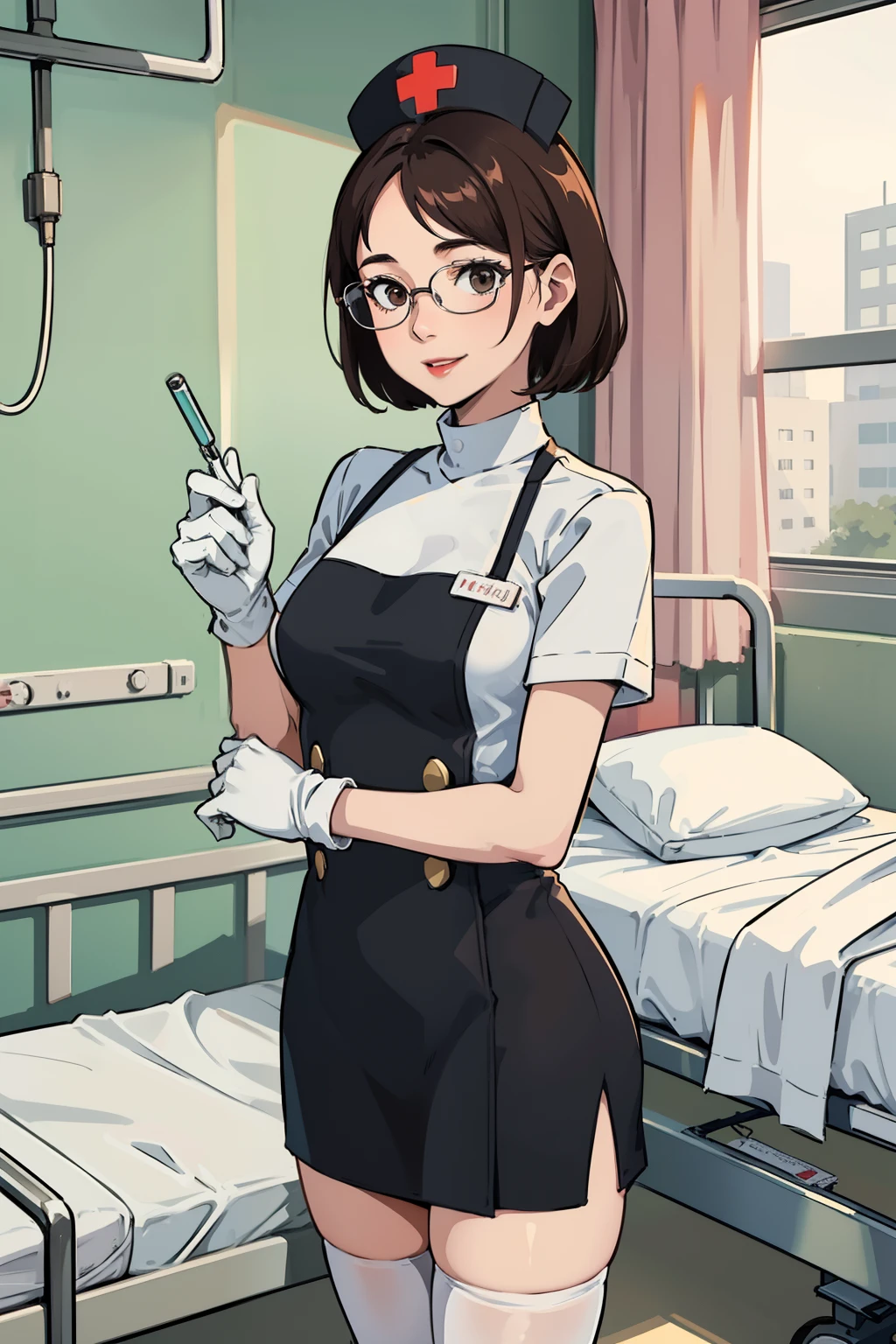 1woman, nurse, nurse cap, white wear, ((white legwear, zettai ryouiki)), white gloves, short brown hair, brown eyes, red lips, smile, standing, ((hospital room)), sharp outline, short sleeves, mature female, 35 years old, best quality, masterpiece,  square glasses