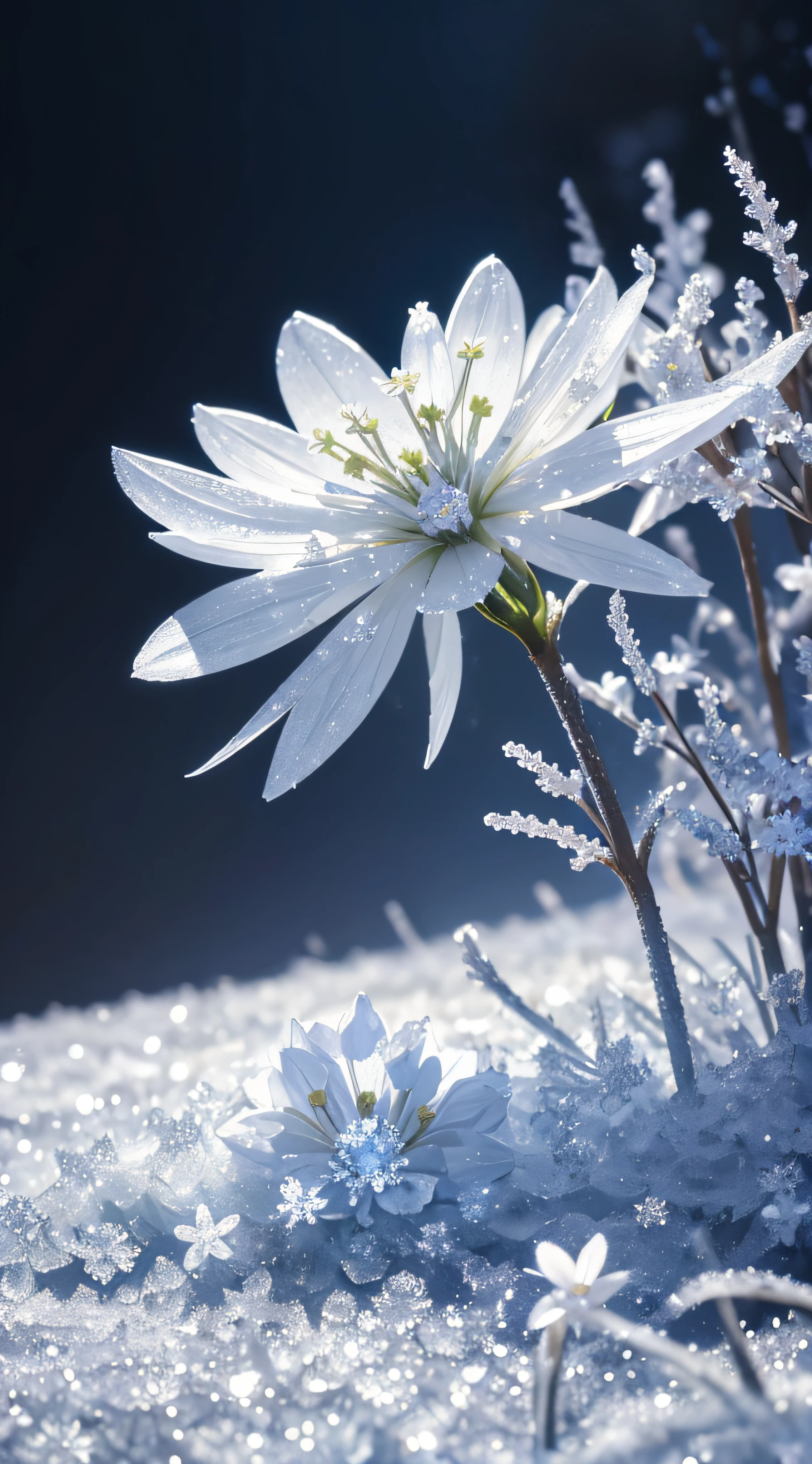 (ultra detailed spring landscape) , frosted edelweiss flowers, jelly, sparkling ice, frozen in time.dark atmosphere, ice crystals, serene atmosphere, soft diffused light