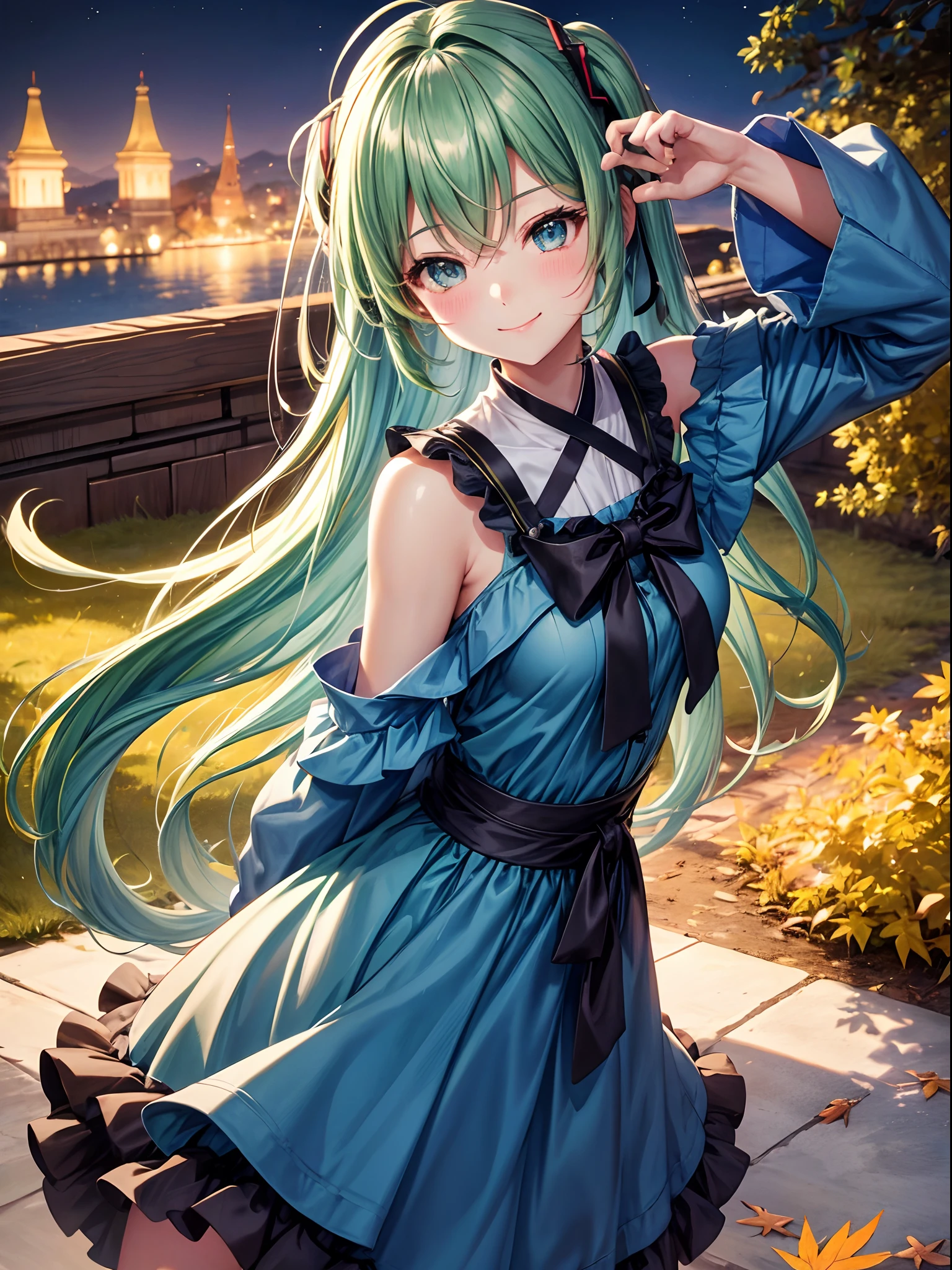 miku hatsune、green colored hair、Twin-tailed、turned around、Colored leaves、wariza、Wink、Looking back from behind、and a smile in one eye、Blue-green hair,Lie down、Autumn Clothes Dress、Night view of the mountain、, Autumn clothes、A smile. wave her hand, Put your finger to your mouth、.Night view with a vast background, Admire breathtaking foliage views. She is young, Extremely cute, Close one eye and smile. , Blushing cheeks, She winks with a twinkle in her eye, There is a flashing effect. She looks up with her gaze.、natta、In terms of image quality, It must have the best quality, Requires 4K or 8K resolution, And become a masterpiece. Images need ultra-detailed elements, Be realistic or photorealistic, Has HDR, nffsw, Studio Lighting. Images must be ultra-fine, Sharp focus and physically based rendering. The colors are vivid、The overall tone should be based on the autumn season. A smile、Kiss Face、Kamimei