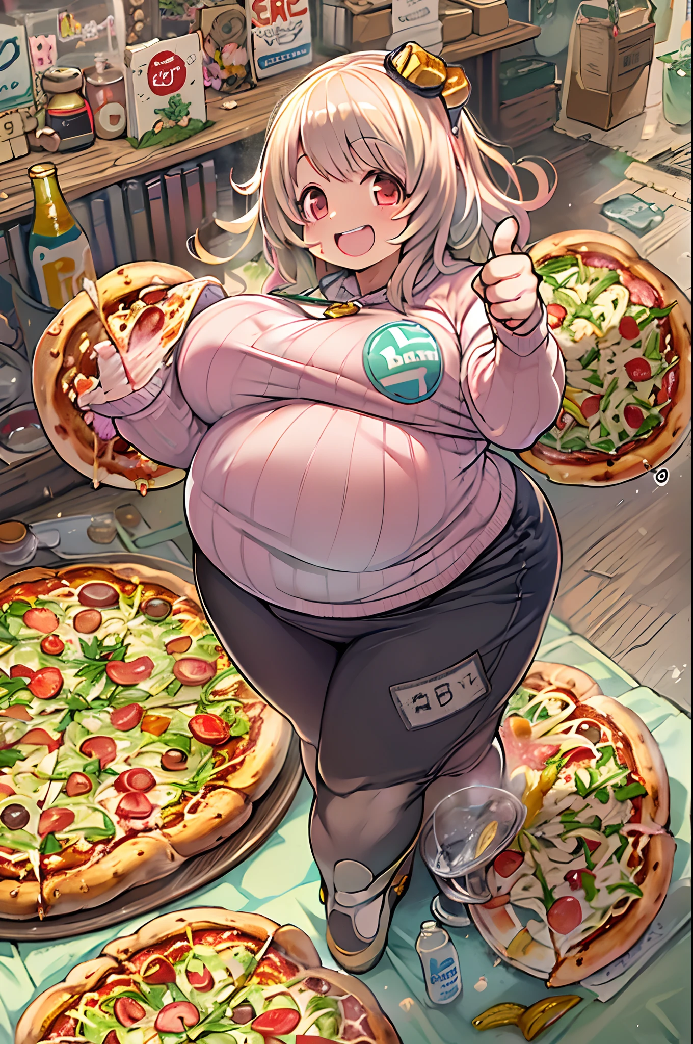 masutepiece, Best Quality, 女の子1人、huge-breasted、bbw、Holding (Giant pizza slices)1.5、Thumbs up、huge smile、Plastic bottles of cola、
