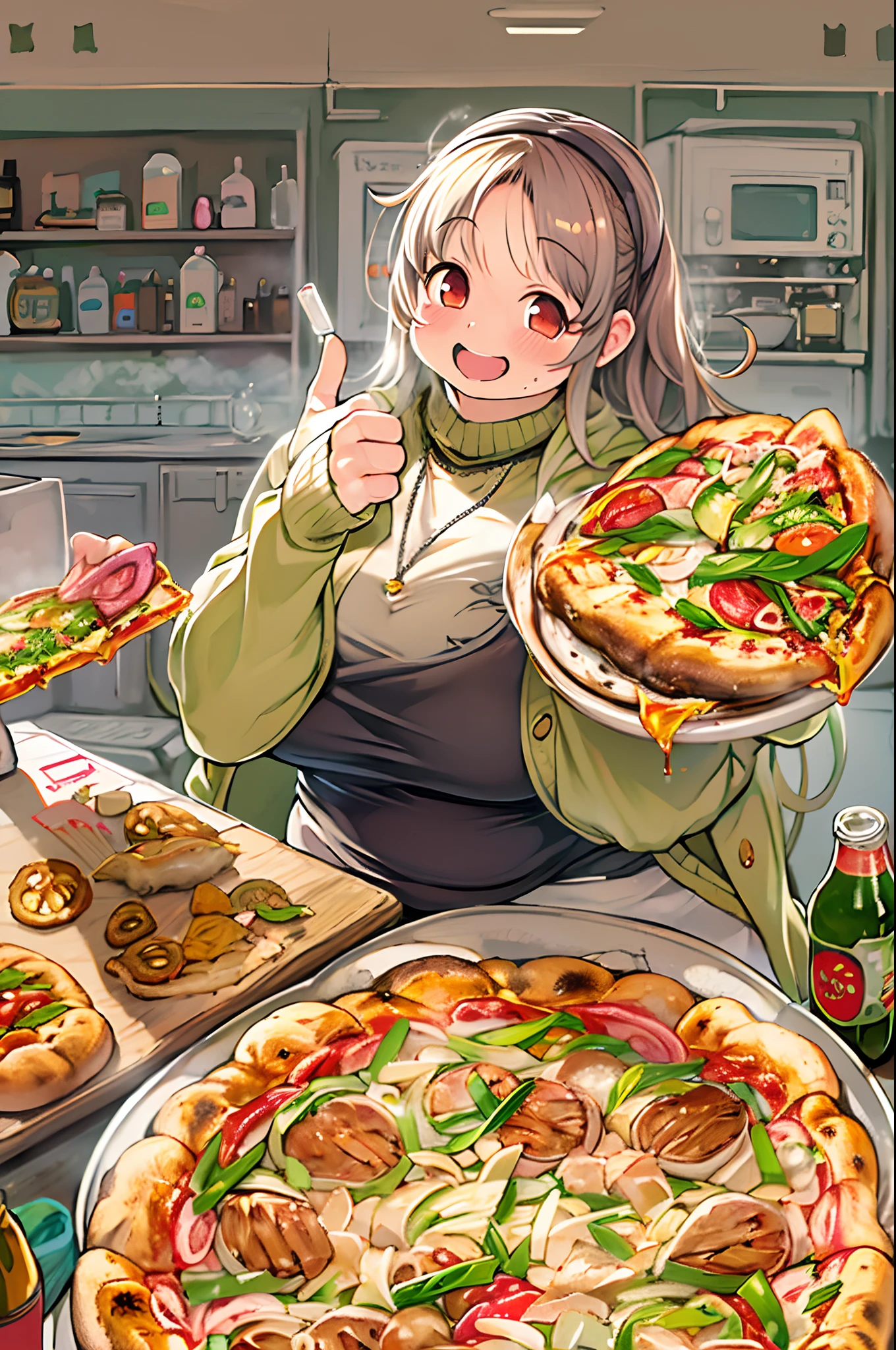 masutepiece, Best Quality, 女の子1人、huge-breasted、bbw、Holding (Giant pizza slices)1.5、Thumbs up、huge smile、Plastic bottles of cola、