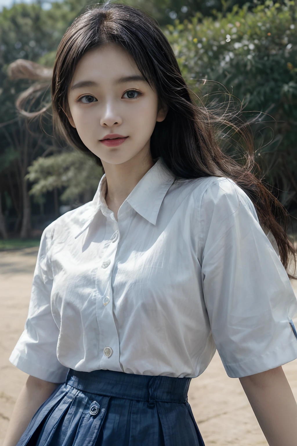 masterpiece、8K、32K、top-quality、(A cute Japanese woman:1.1)、detail portrayal、1 girl in、elegent、pupils on、(white button-up shirt、Dark blue mini skirt:1.3)、blows wind、School Grounds、cowboy shot、ssmile