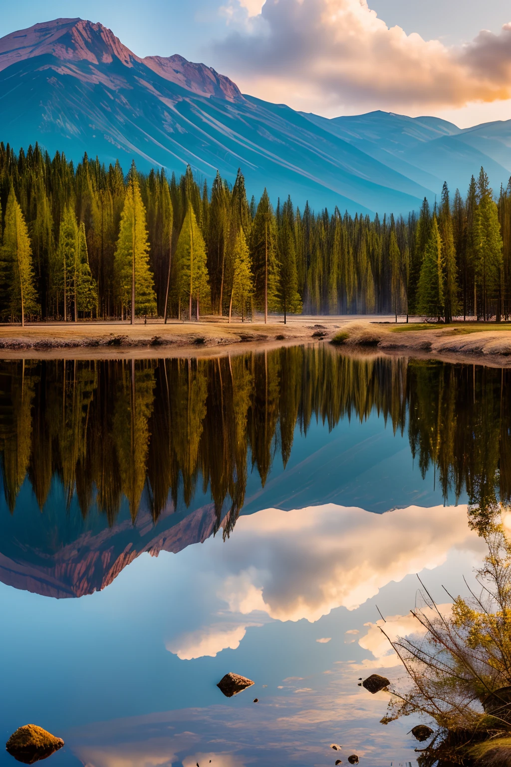 Reflection of a beautiful landscape on the largest natural mirror, highly detailed, breathtaking, inspired by the style of Ken Duncan well known as the pioneer of landscape, in making use of dodging and burning to edit a landscape image.